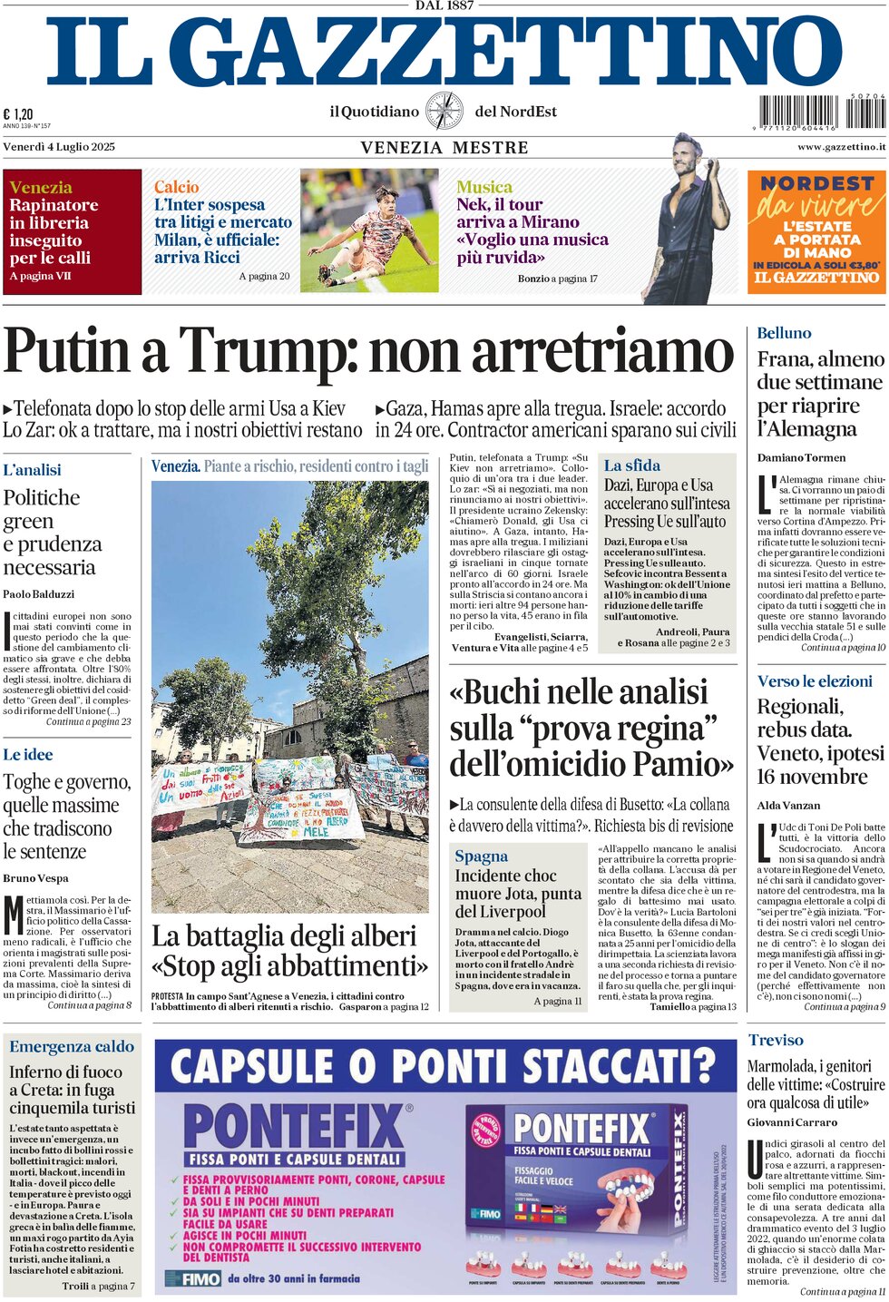 Prima Pagina Il Gazzettino 04/07/2025