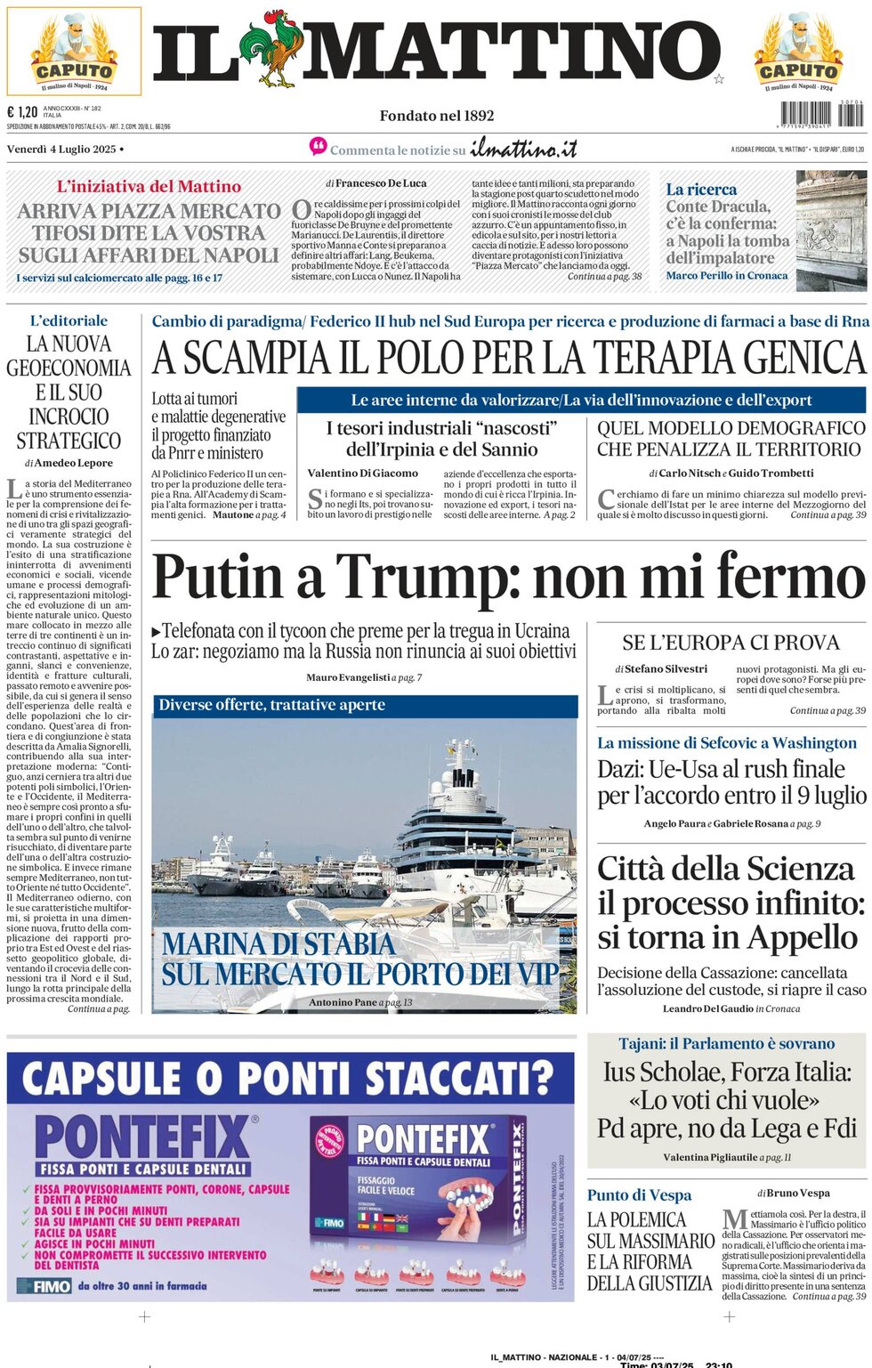 Prima Pagina Il Mattino 04/07/2025