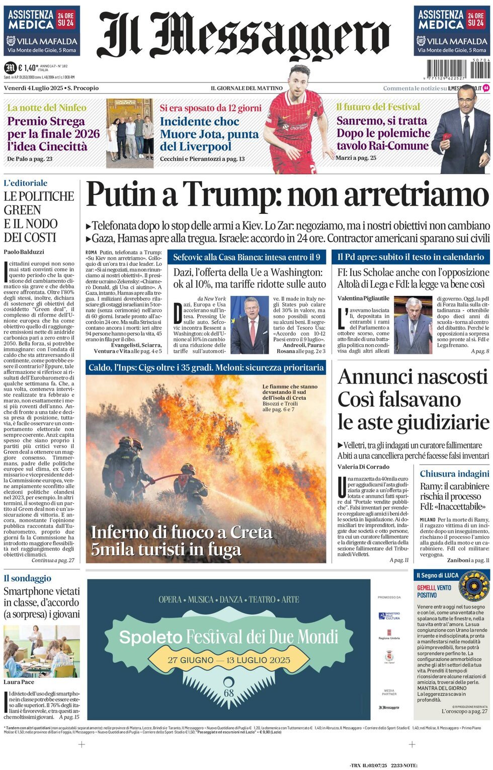 Prima Pagina Il Messaggero 04/07/2025