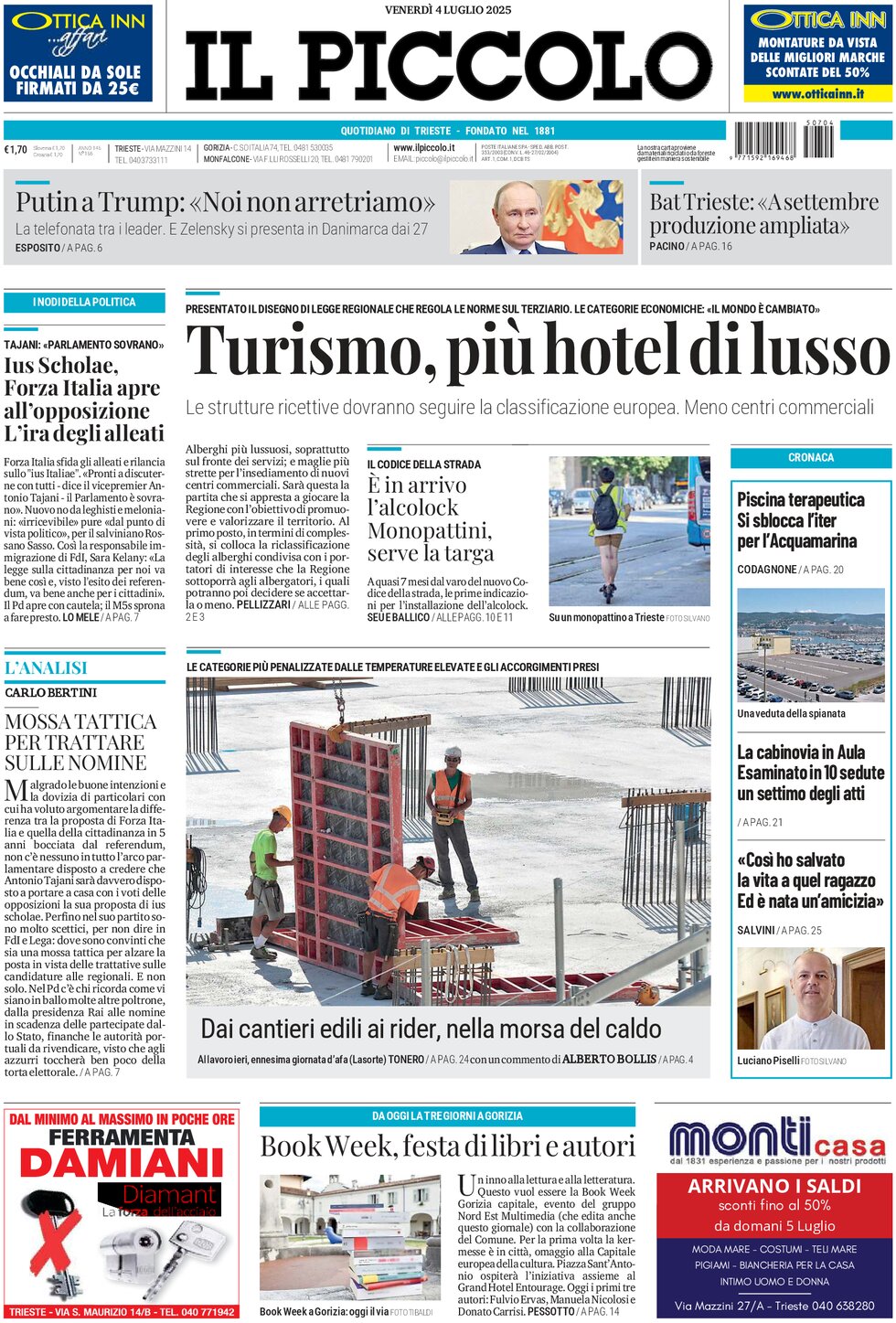 Prima Pagina Il Piccolo (Trieste) 04/07/2025