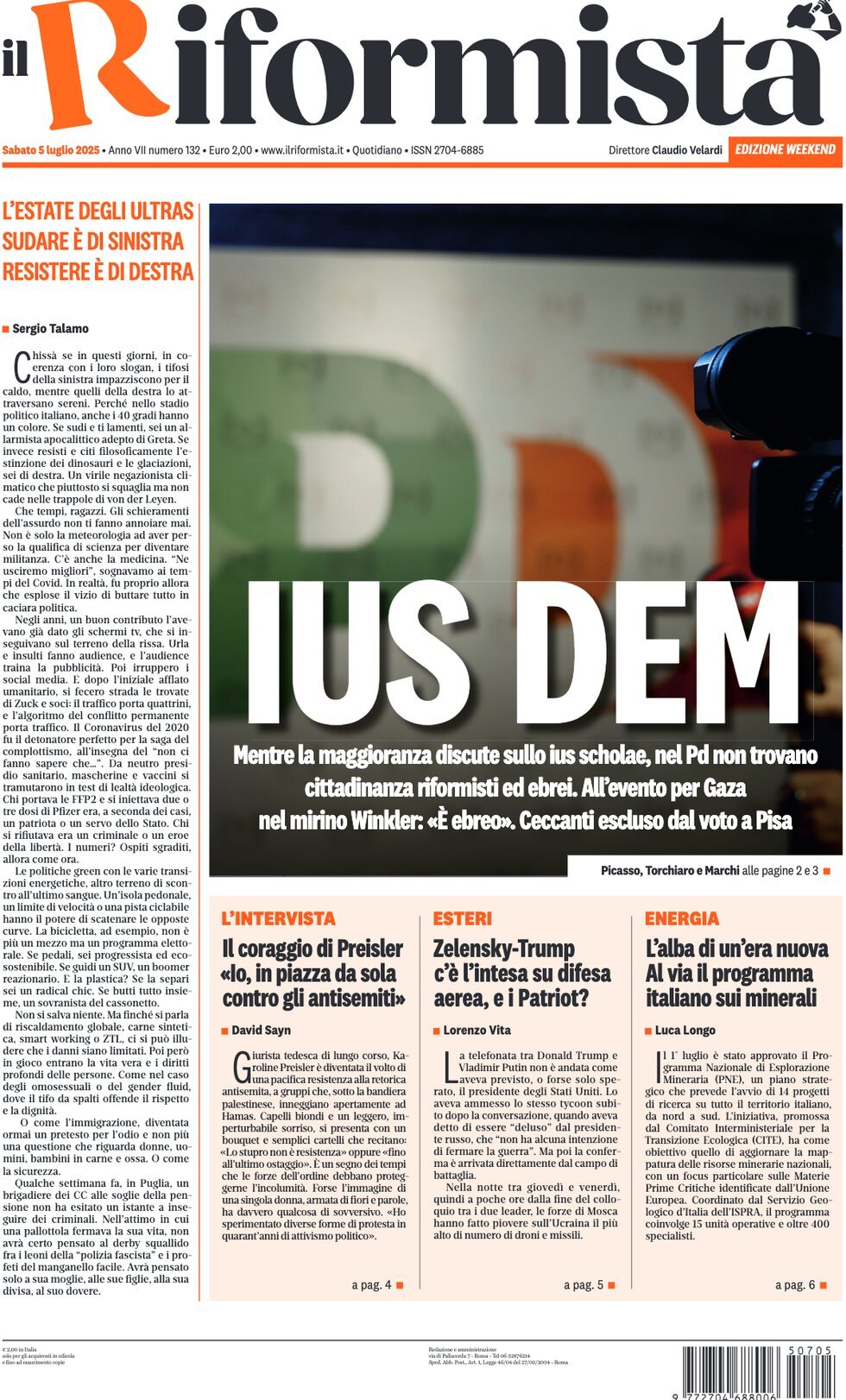 Prima Pagina Il Riformista 06/07/2025