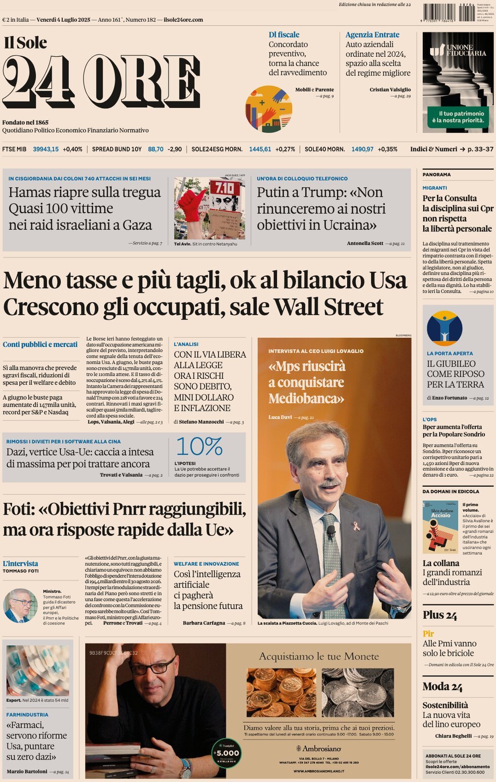 Prima Pagina Il Sole 24 Ore 04/07/2025