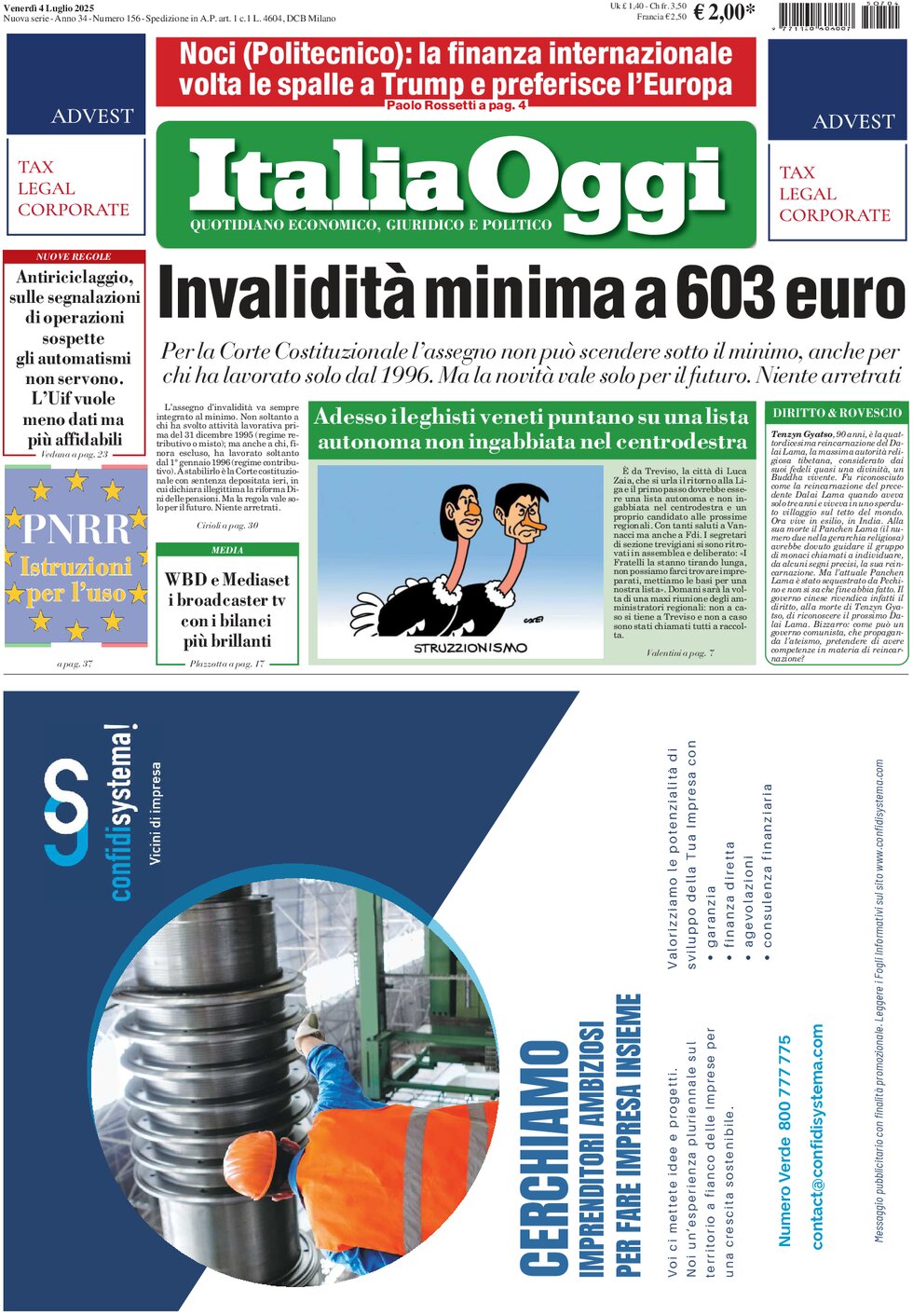 Prima Pagina ItaliaOggi 04/07/2025