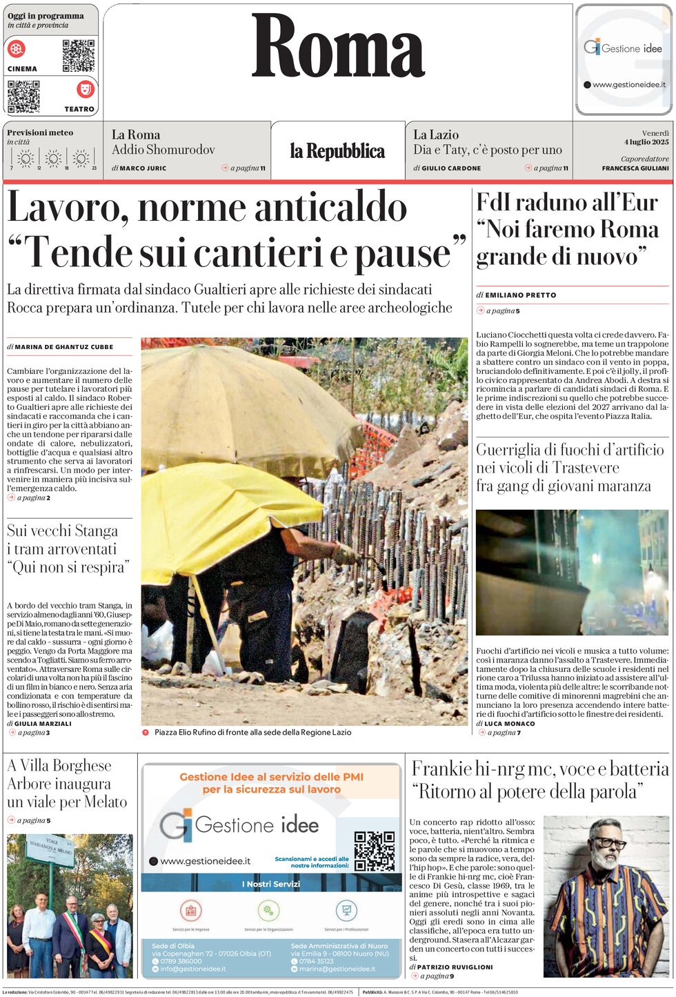 Prima Pagina La Repubblica (Roma) 04/07/2025