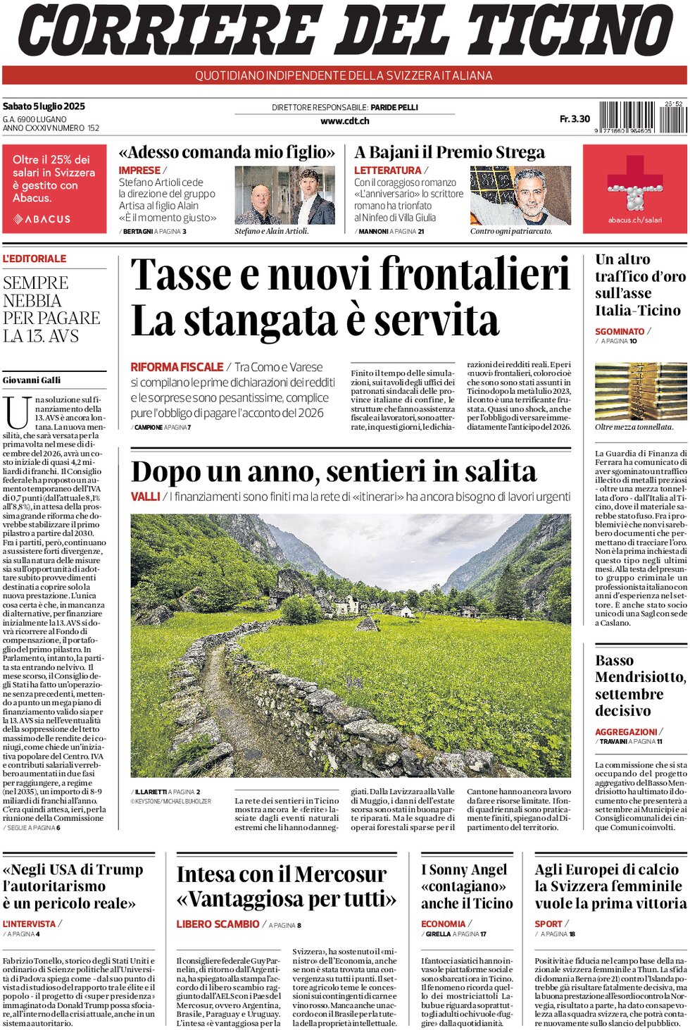 Prima Pagina Corriere del Ticino 05/07/2025