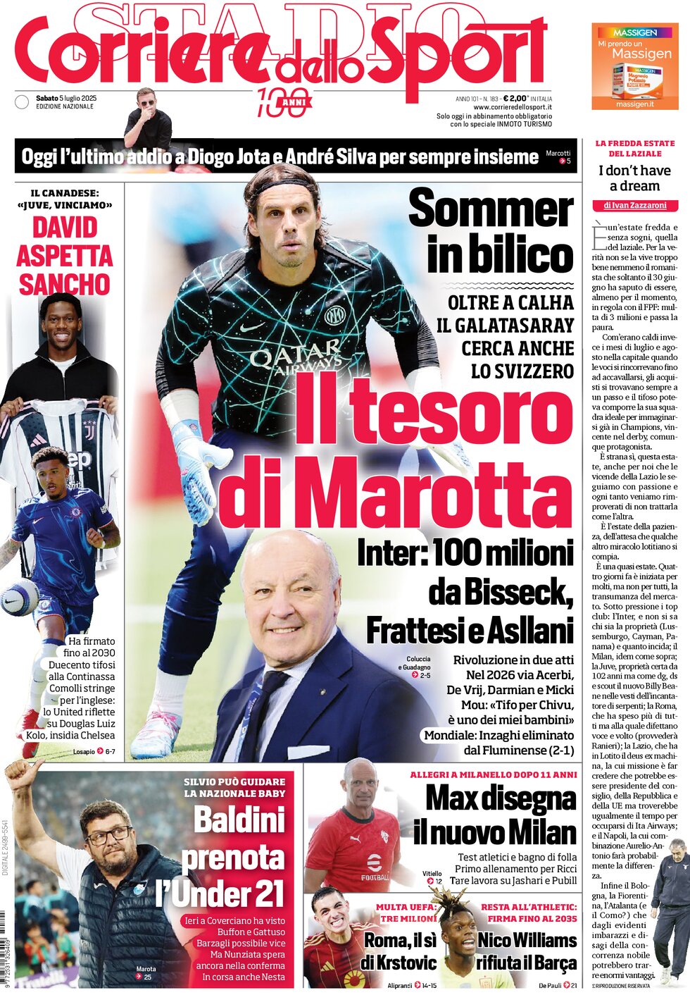 Prima Pagina Corriere dello Sport 05/07/2025