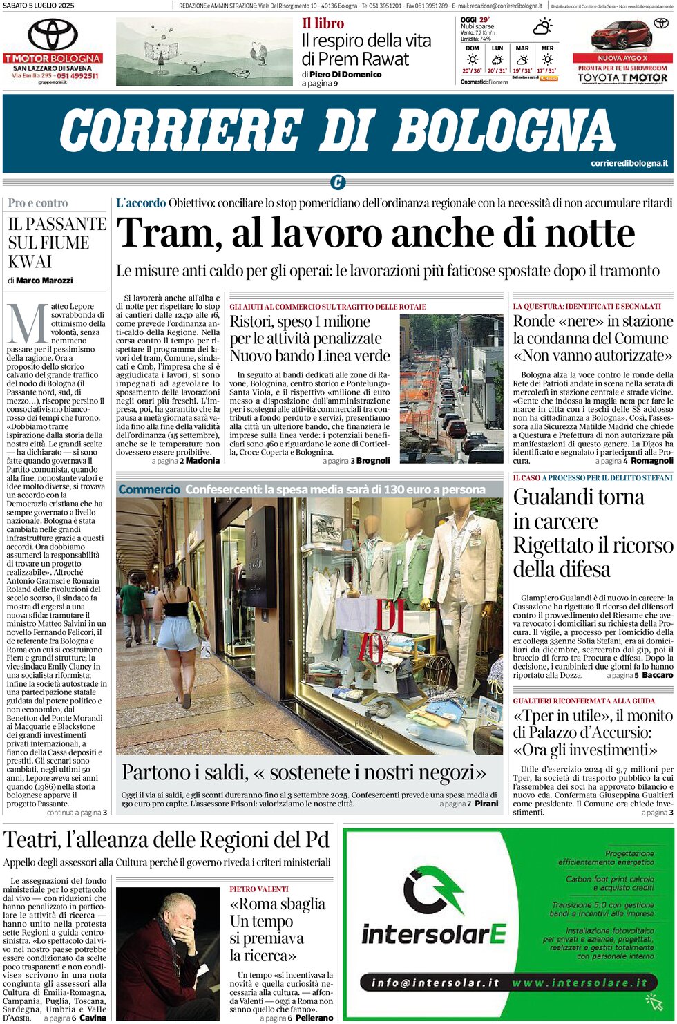 Prima Pagina Corriere di Bologna 05/07/2025