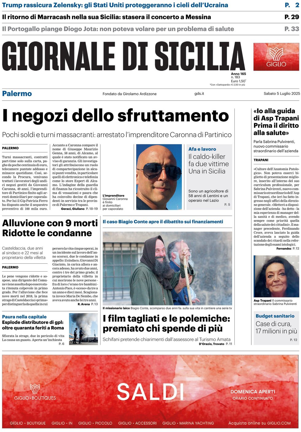 Prima Pagina Giornale di Sicilia (Palermo) 05/07/2025