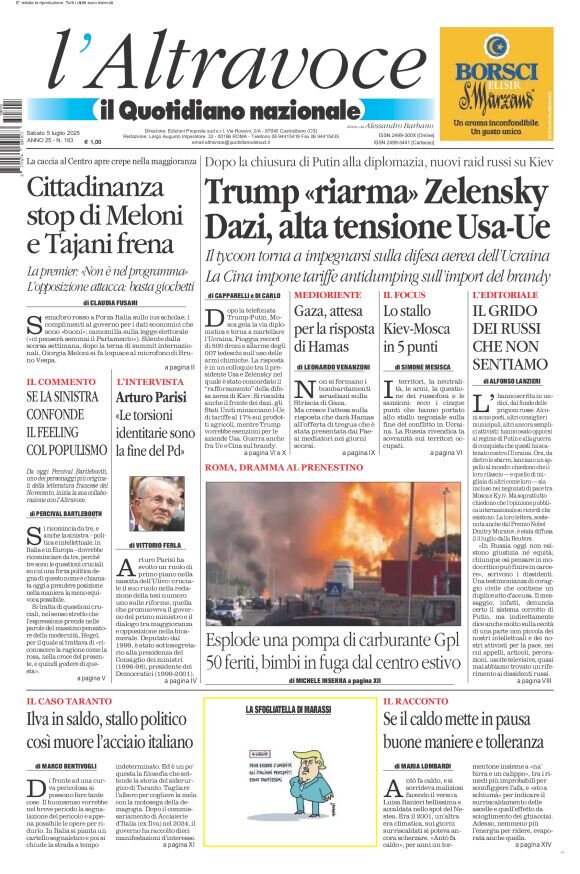 Prima Pagina Il Quotidiano del Sud L'Altravoce 05/07/2025