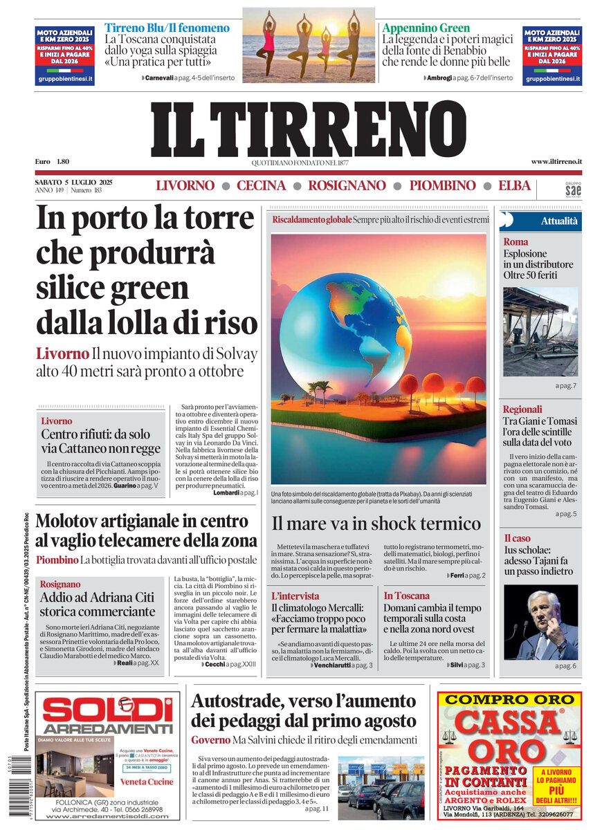 Prima Pagina Il Tirreno (Livorno, Cecina, Rosignano, Piombino, Elba) 05/07/2025