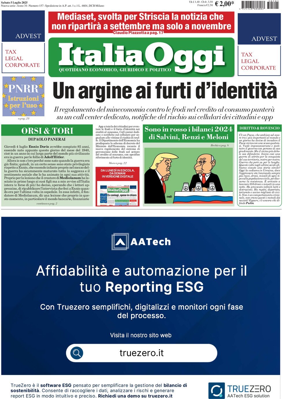 Prima Pagina ItaliaOggi 05/07/2025