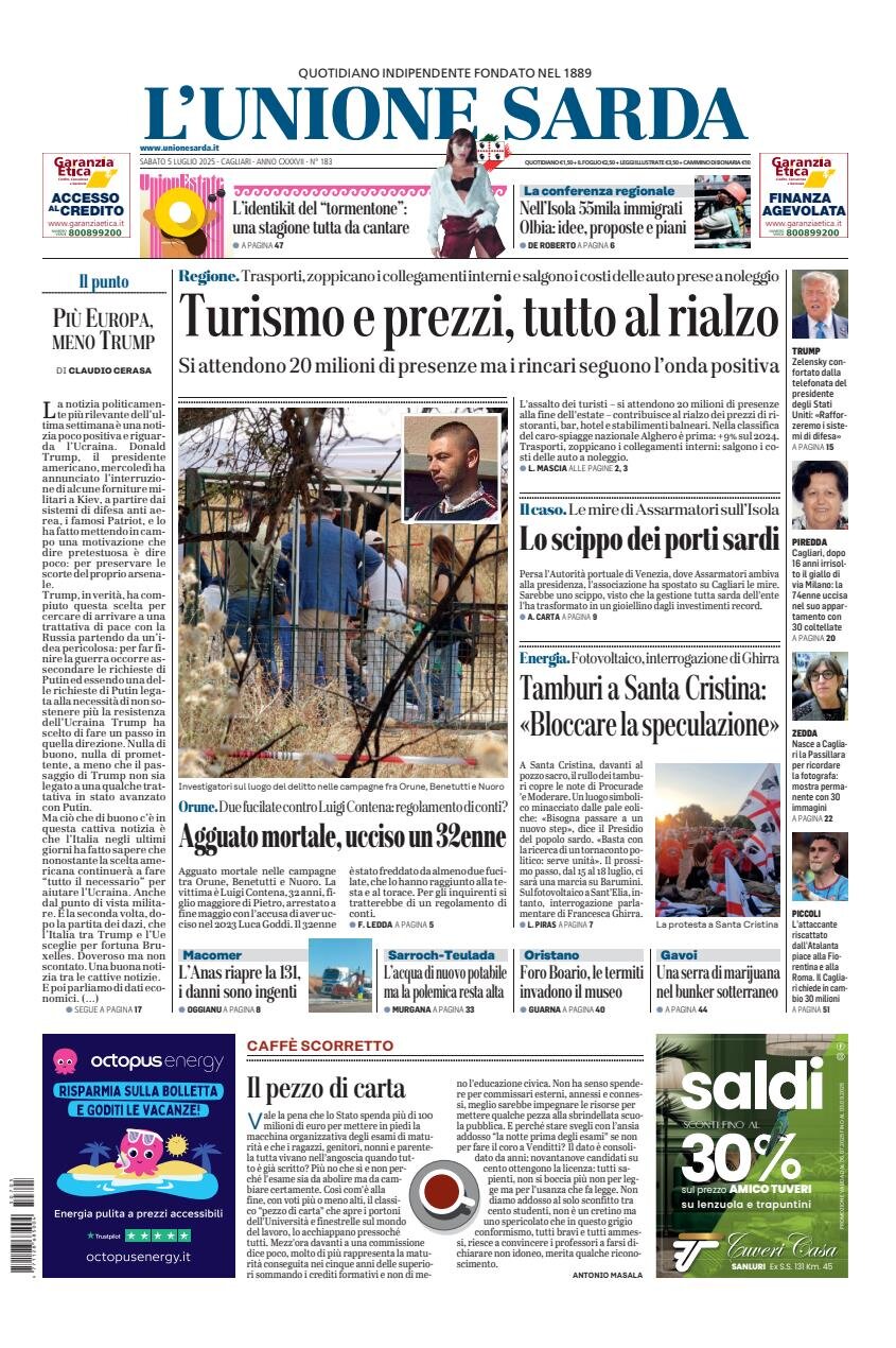 Prima Pagina L'Unione Sarda 05/07/2025