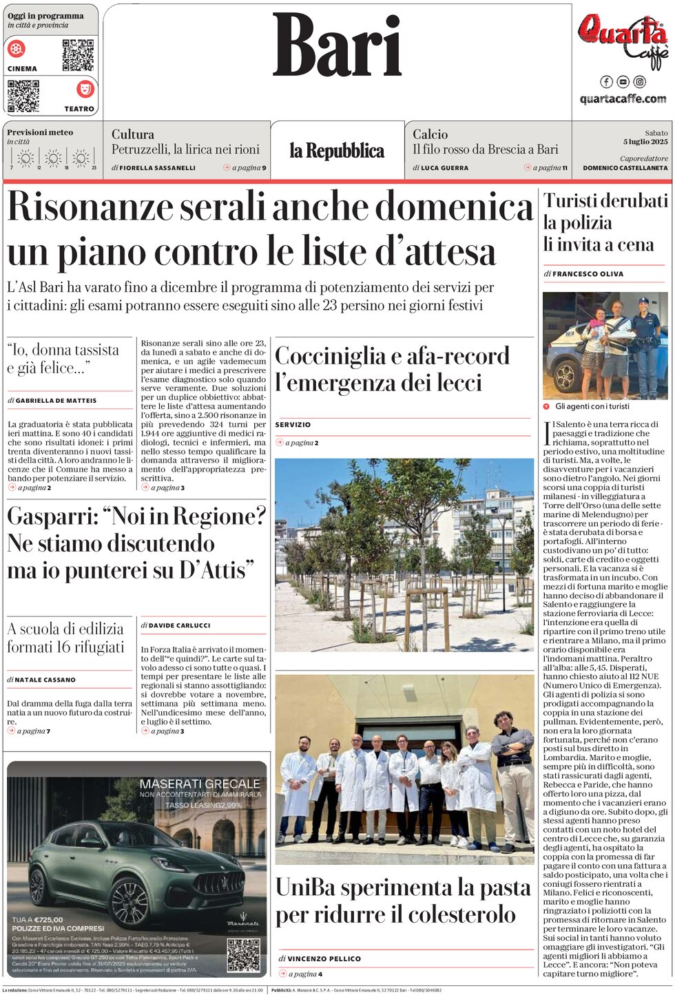 Prima Pagina La Repubblica (Bari) 05/07/2025