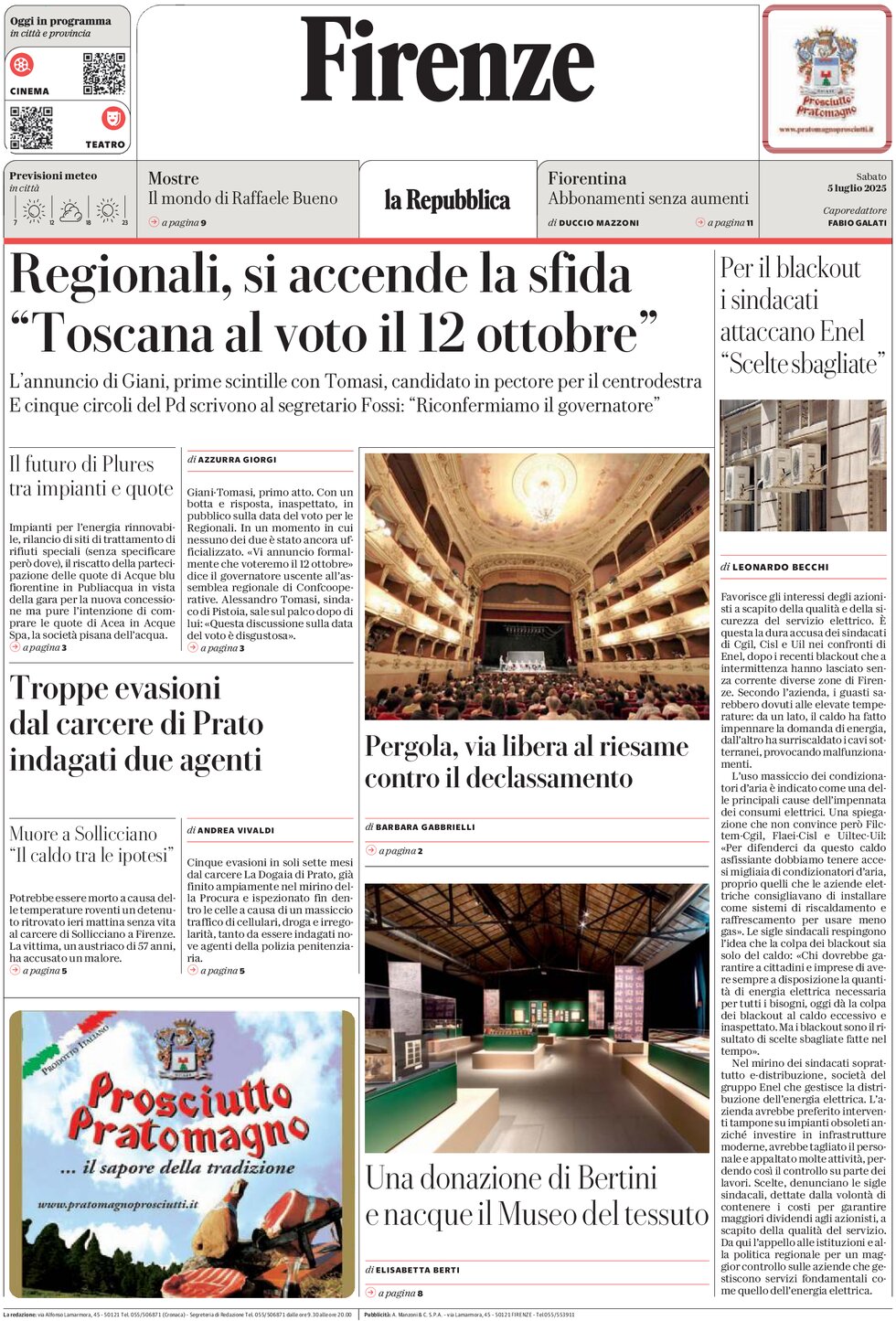 Prima Pagina La Repubblica (Firenze) 05/07/2025