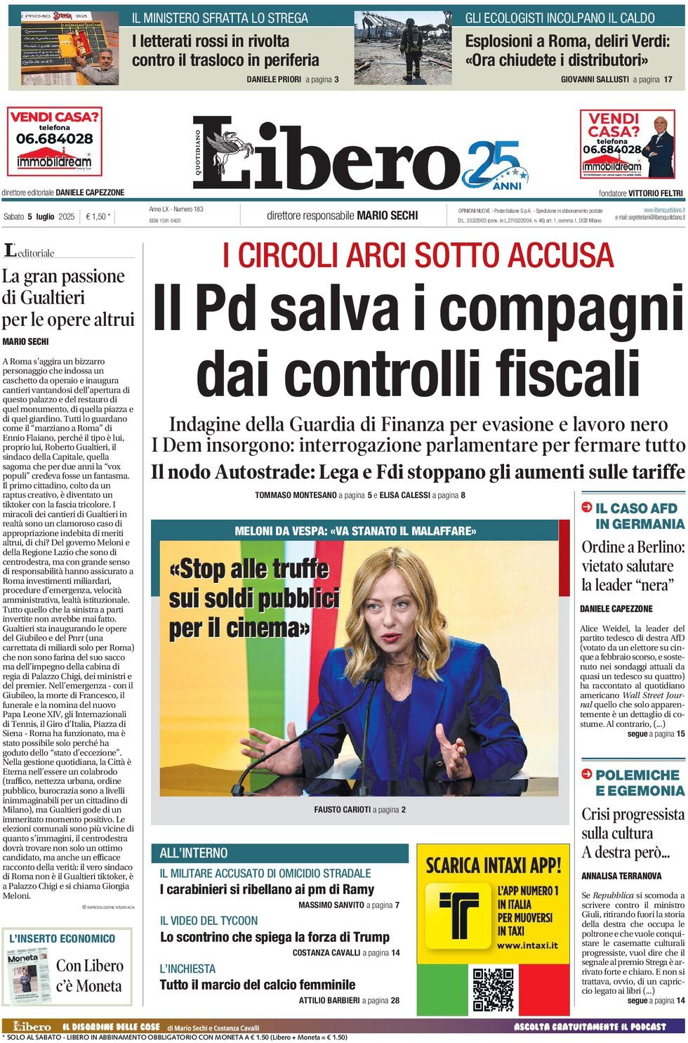 Prima Pagina Libero Quotidiano 05/07/2025