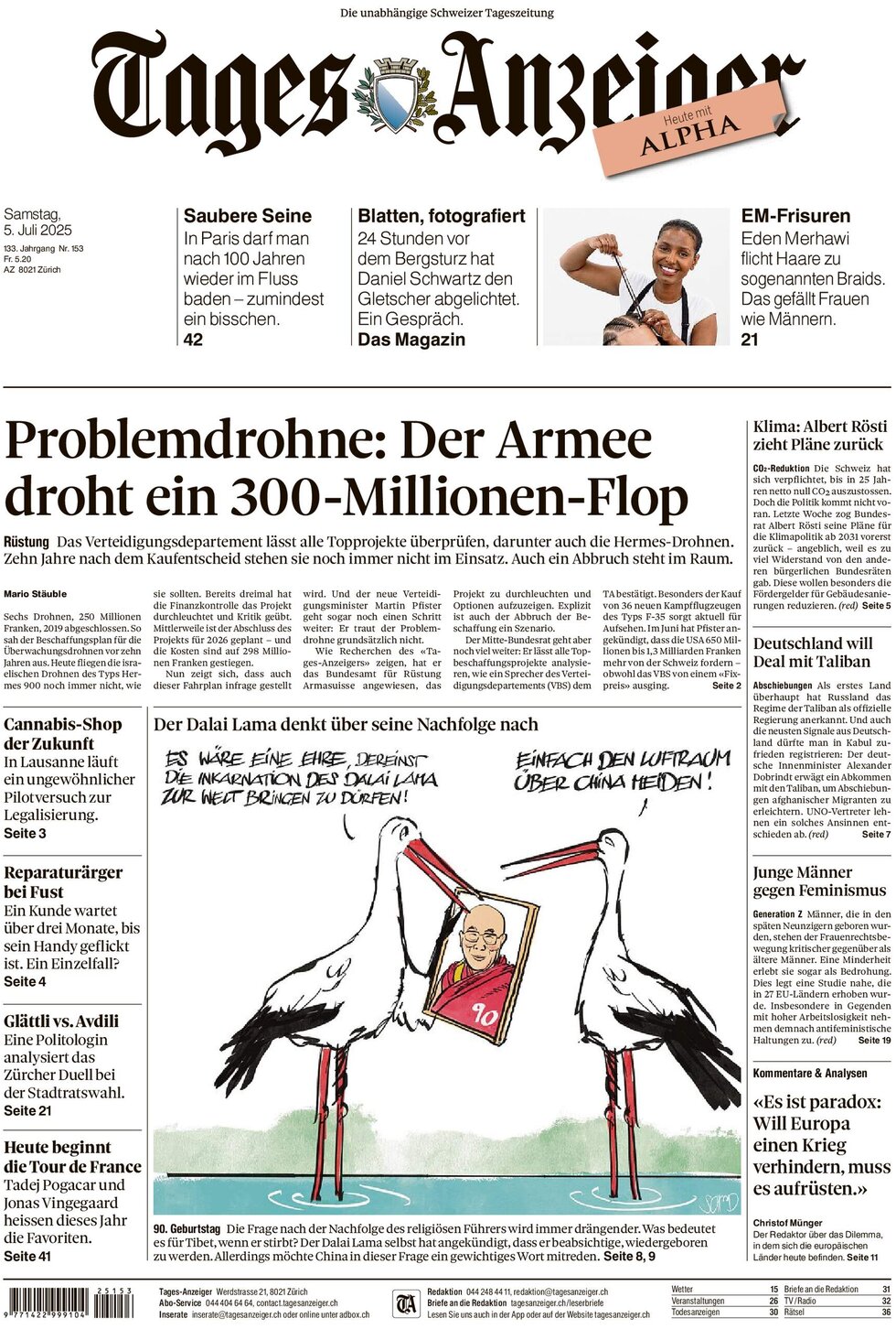 Prima Pagina Tages-Anzeiger (Tagi TA) 06/07/2025