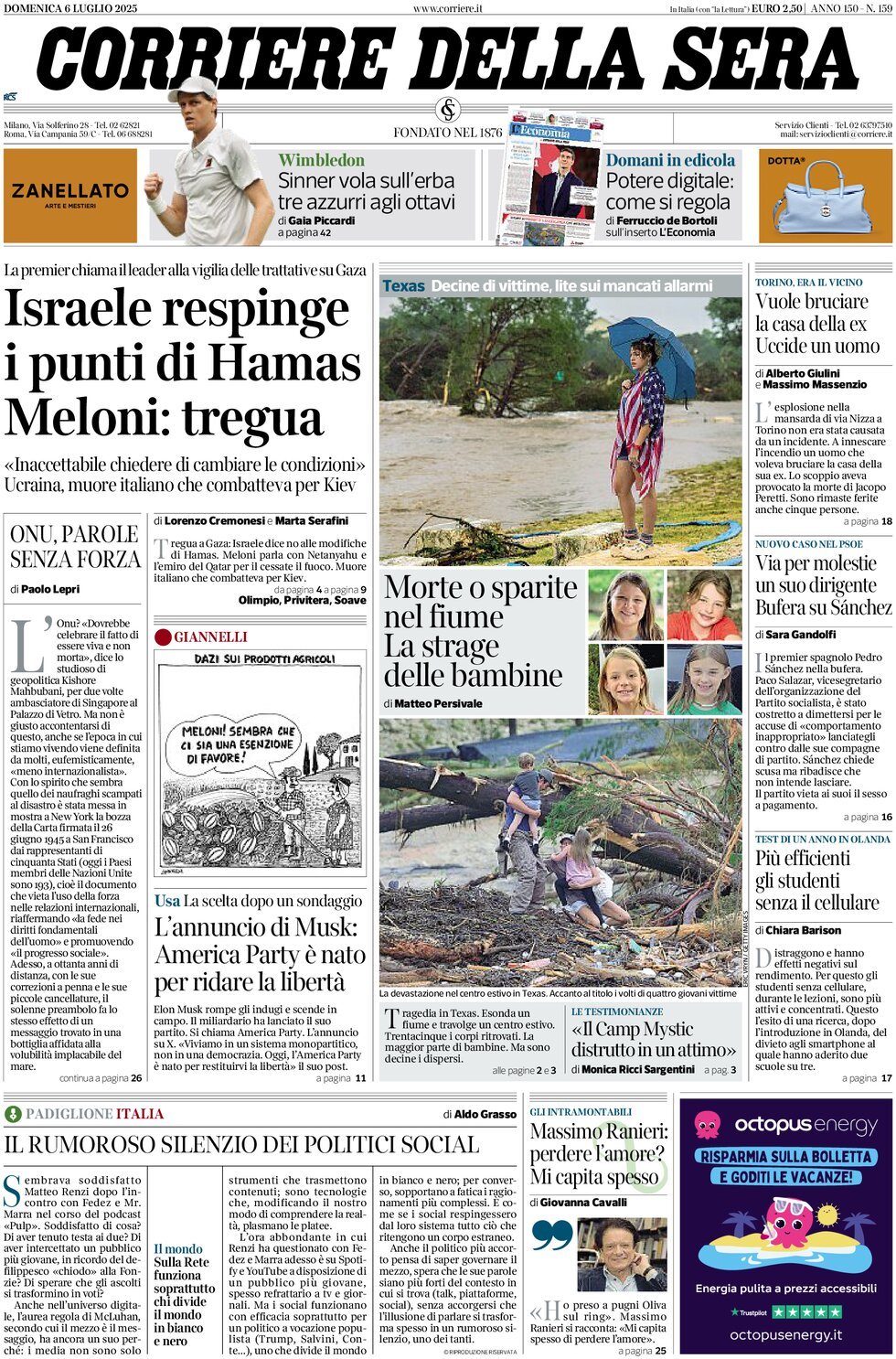 Prima Pagina Corriere della Sera 06/07/2025