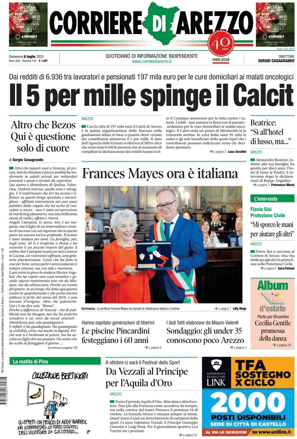 Prima Pagina Corriere di Arezzo 06/07/2025