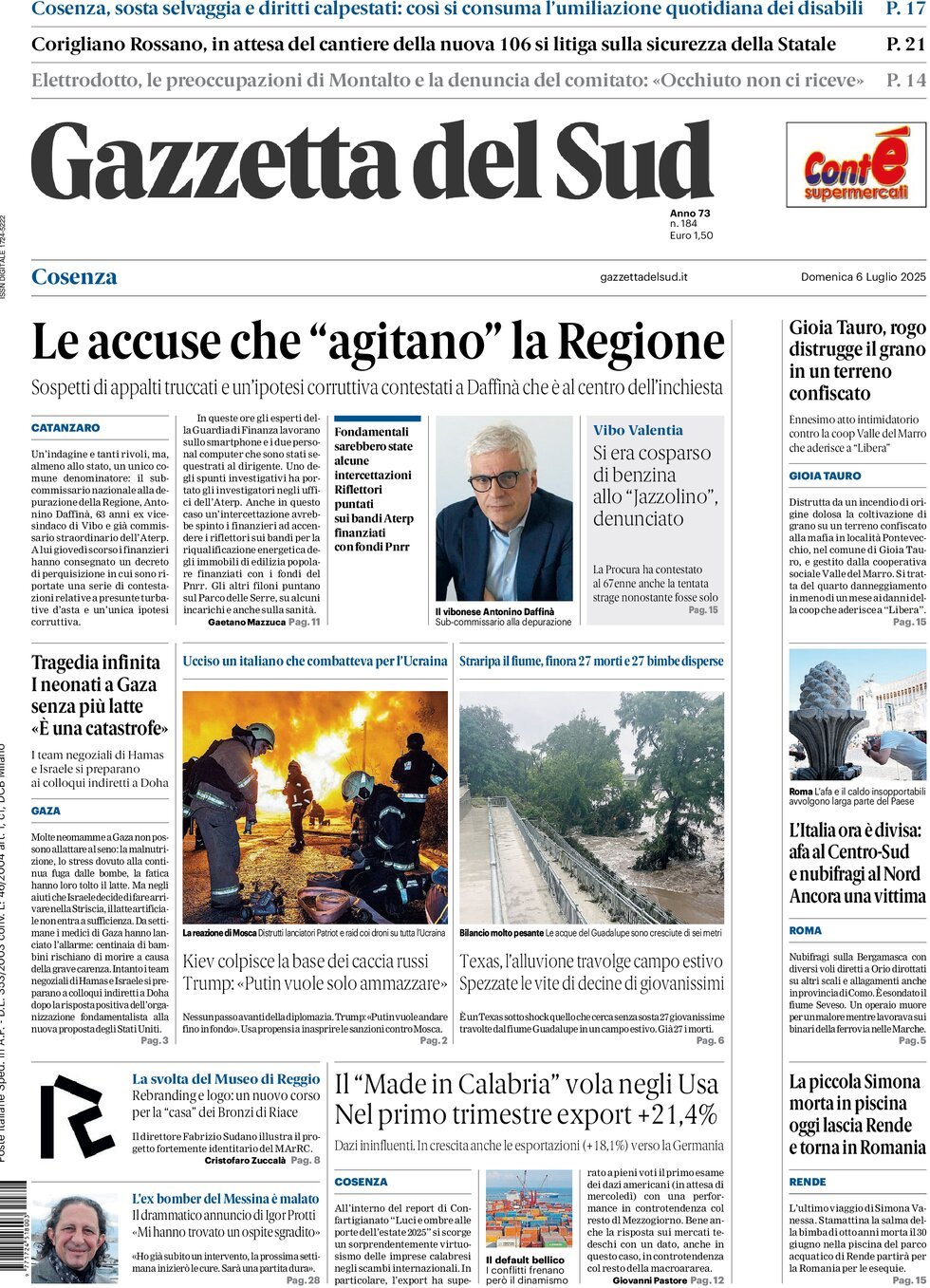 Prima Pagina Gazzetta del Sud (Cosenza) 06/07/2025