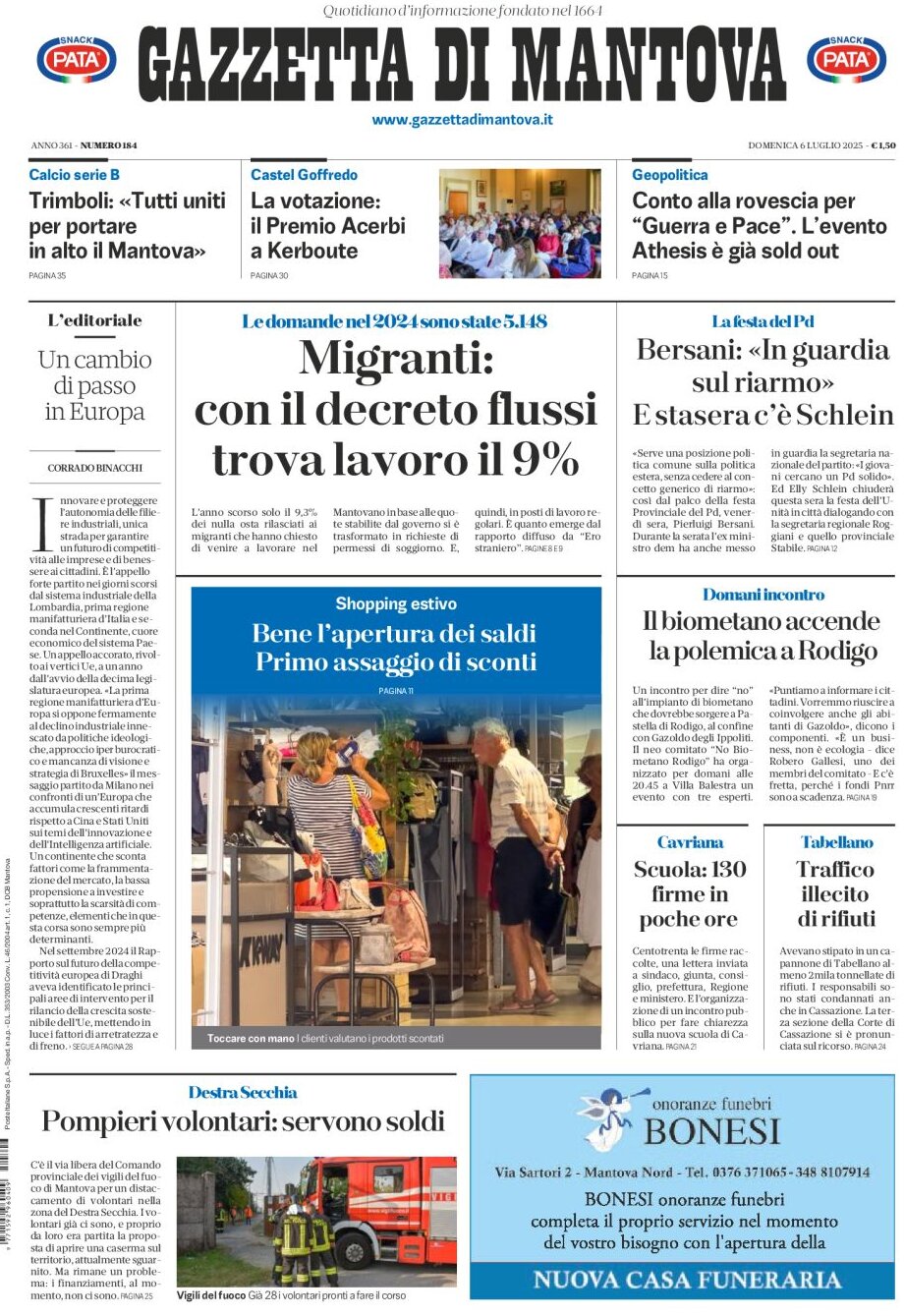 Prima Pagina Gazzetta di Mantova 06/07/2025