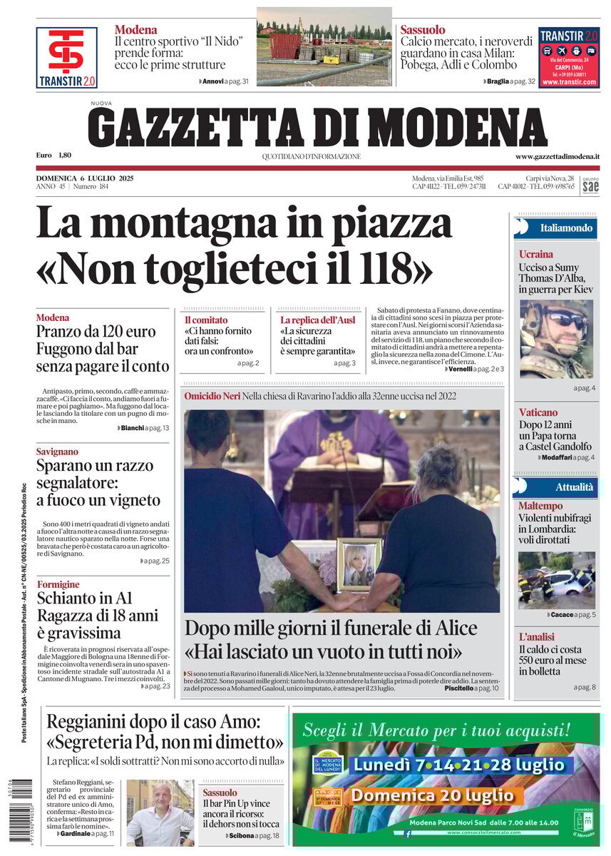 Prima Pagina Gazzetta di Modena 06/07/2025