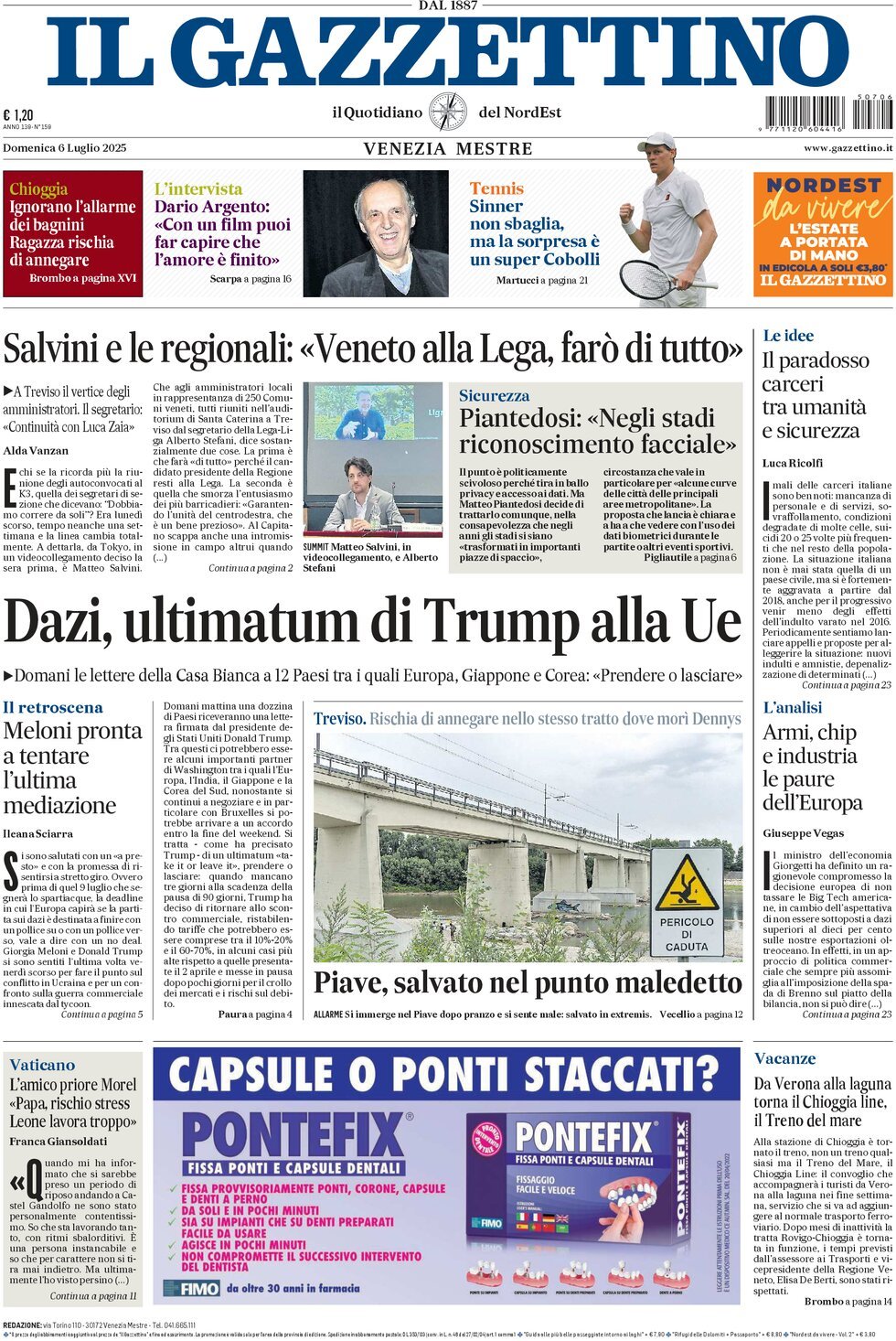 Prima Pagina Il Gazzettino 06/07/2025