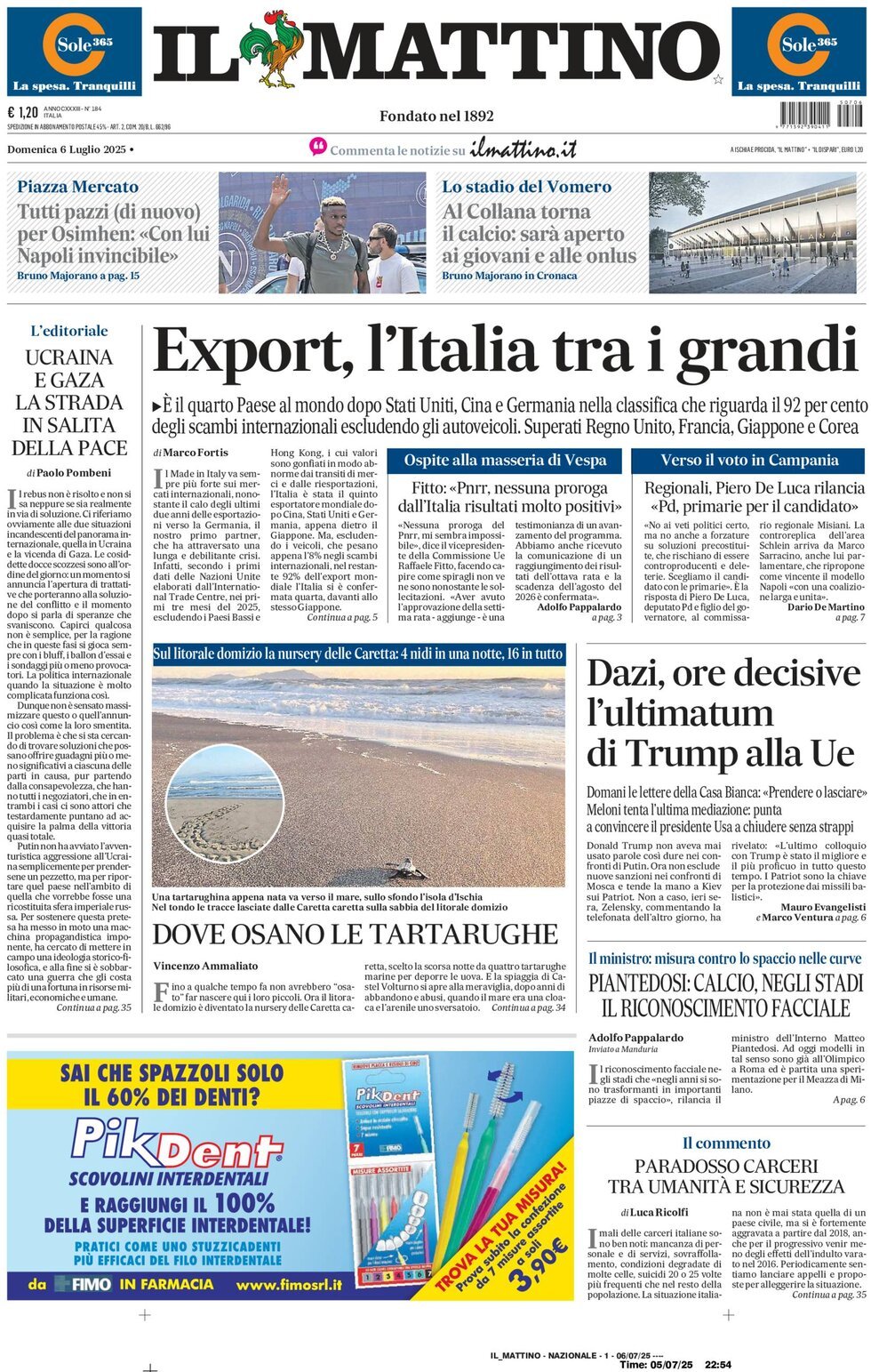 Prima Pagina Il Mattino 06/07/2025