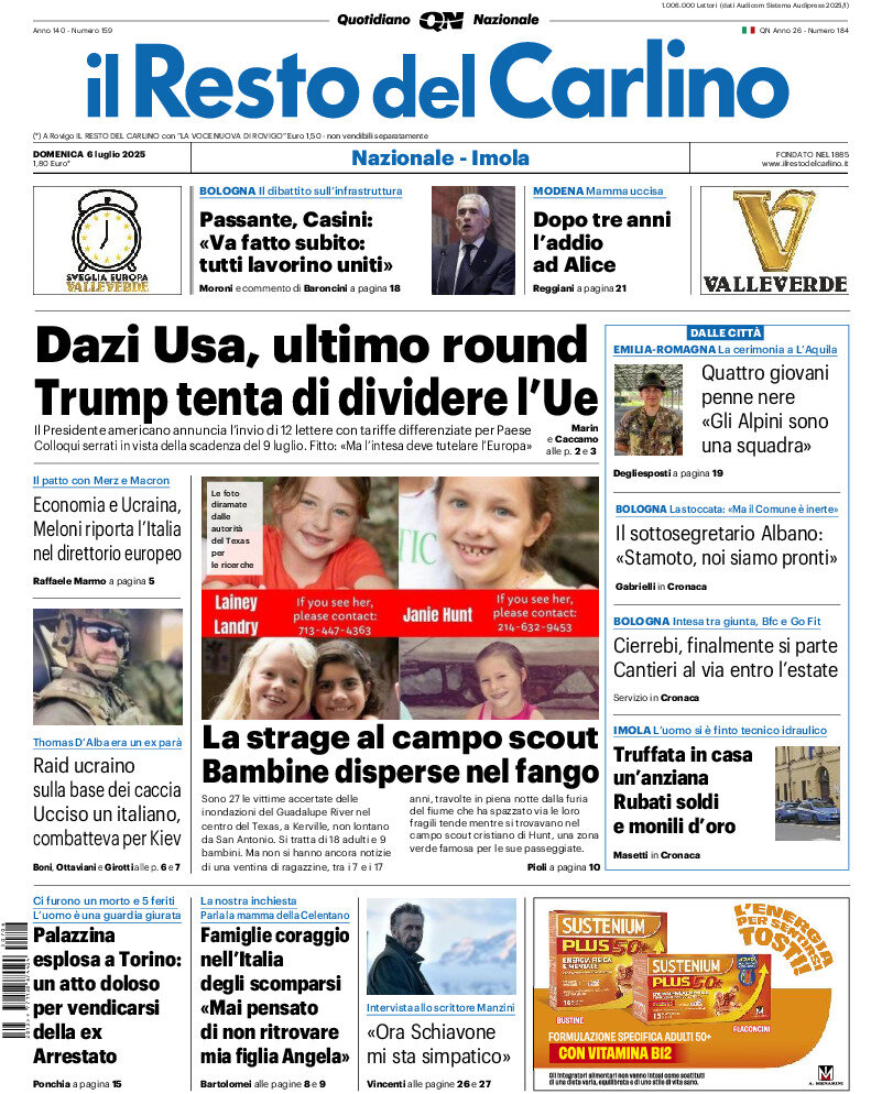 Prima Pagina Il Resto del Carlino 06/07/2025