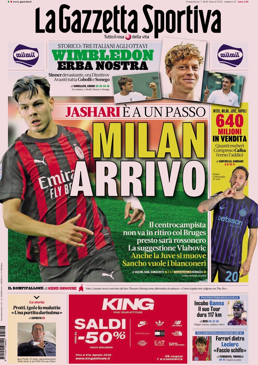 Prima Pagina La Gazzetta dello Sport 06/07/2025