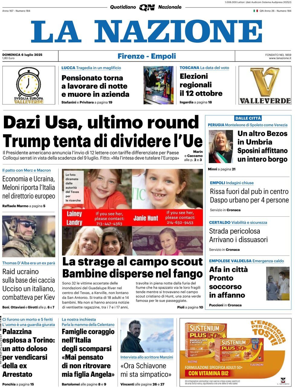 Prima Pagina La Nazione 06/07/2025