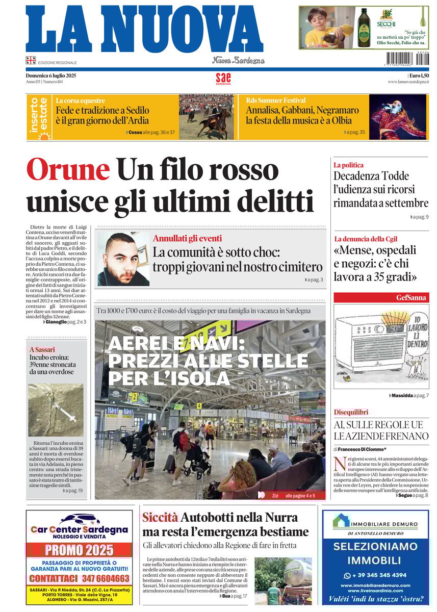 Prima Pagina La Nuova Sardegna 06/07/2025