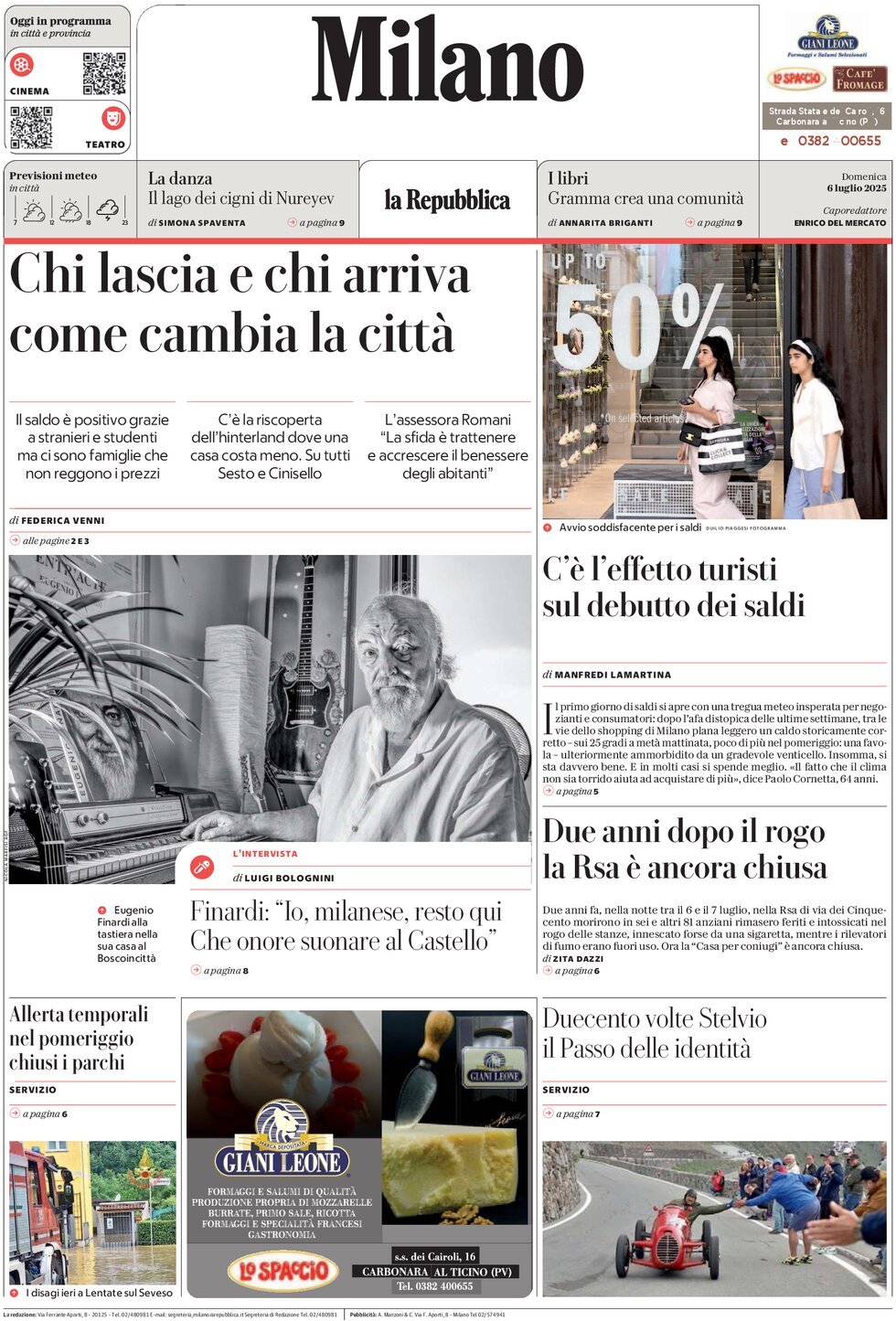 Prima Pagina La Repubblica (Milano) 06/07/2025