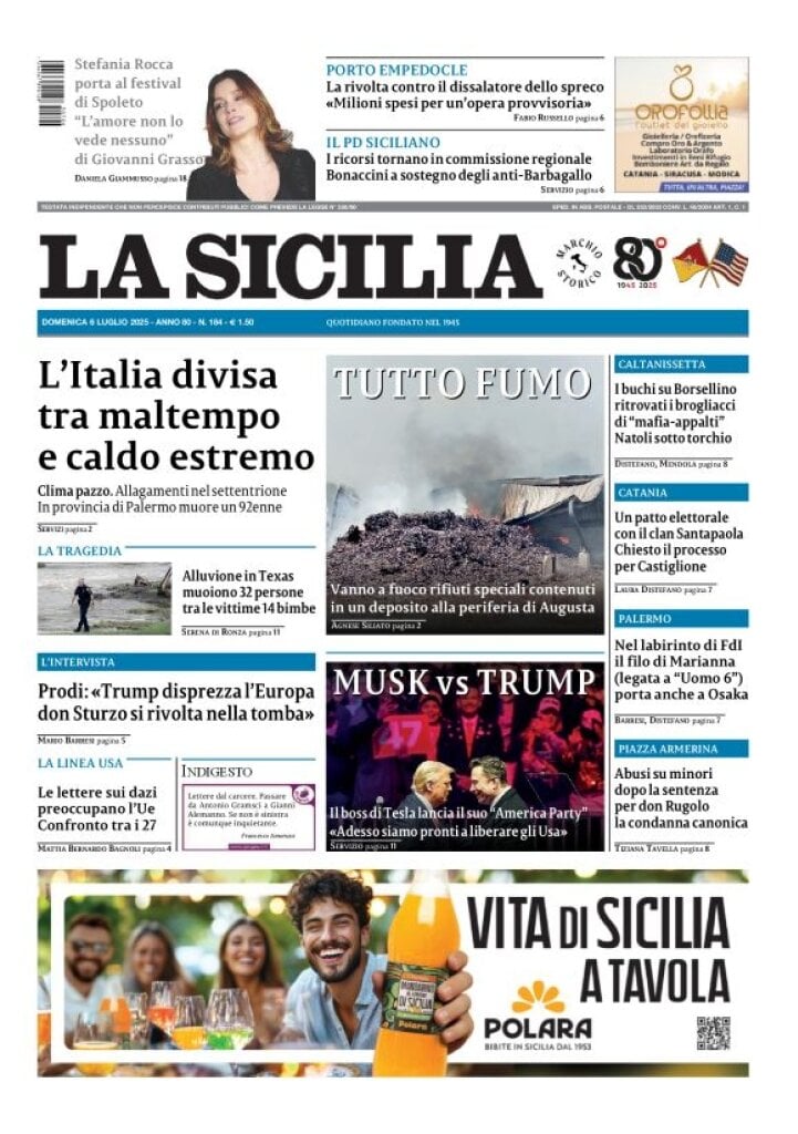 Prima Pagina La Sicilia 06/07/2025