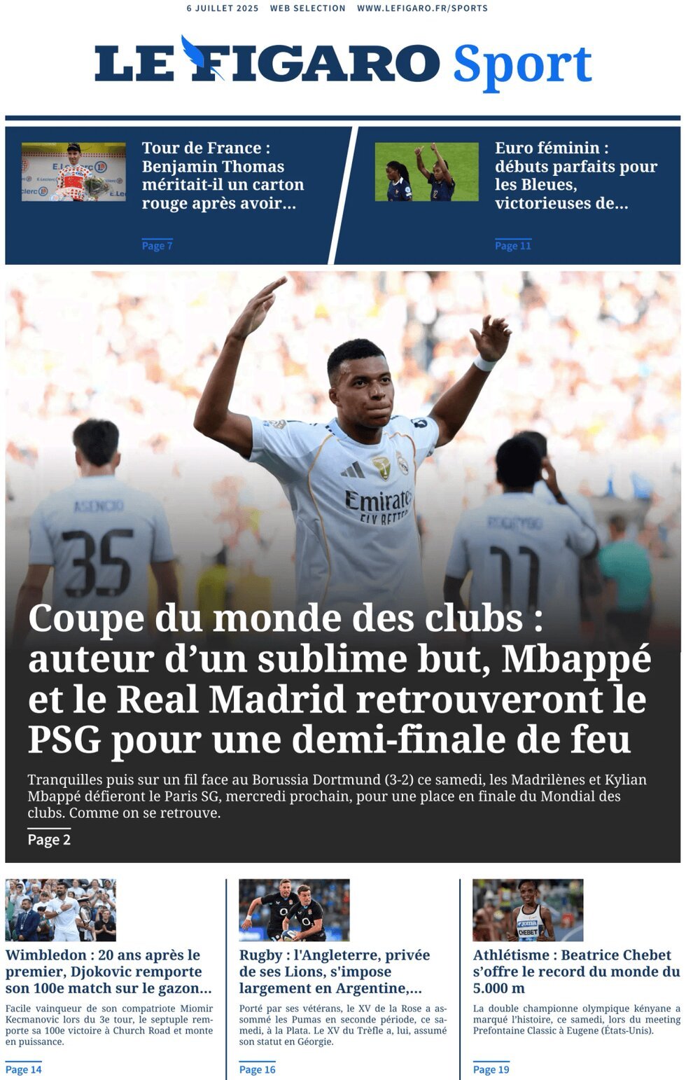 Prima Pagina Le Figaro SPORT 06/07/2025