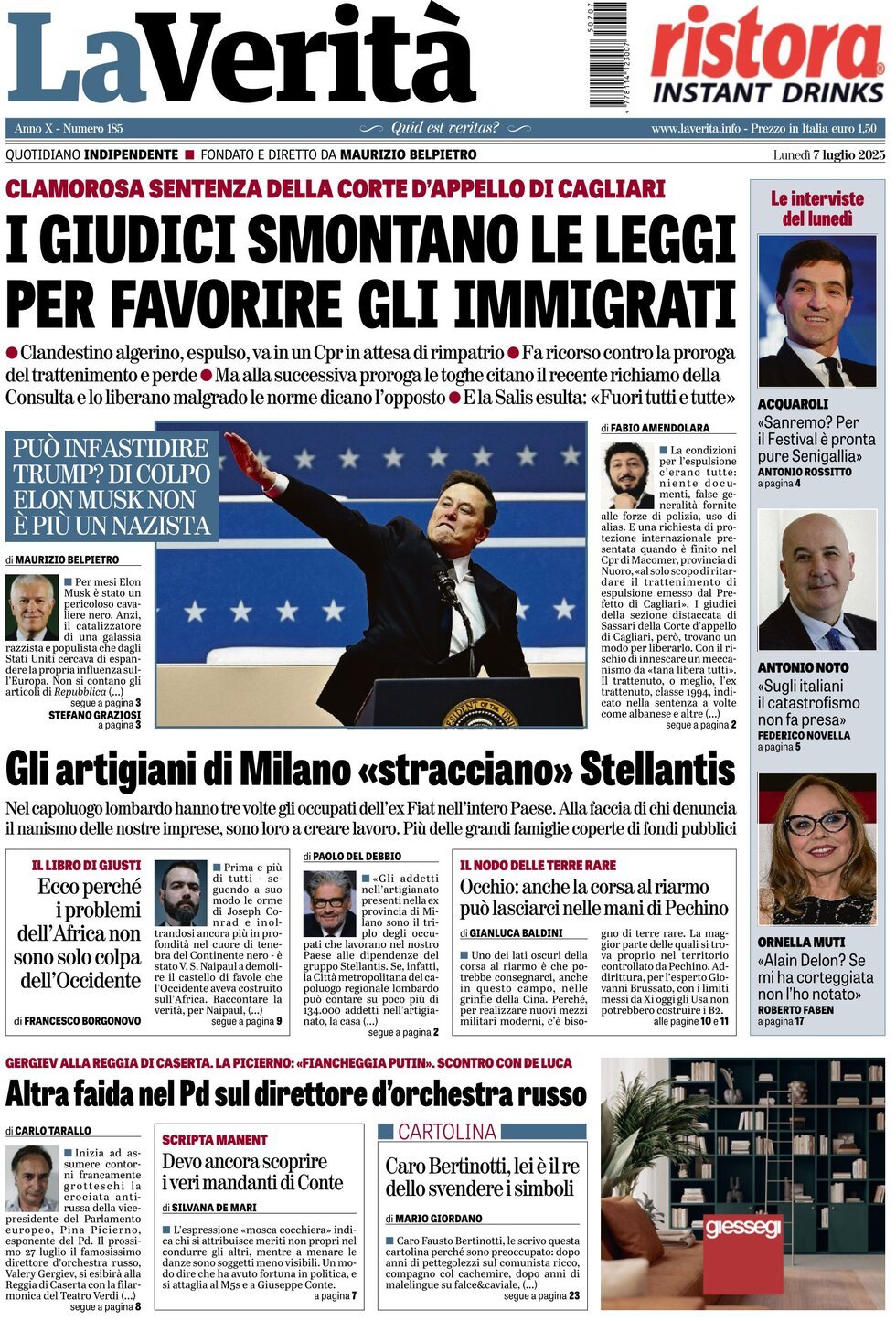 Prima Pagina La Verità 07/07/2025