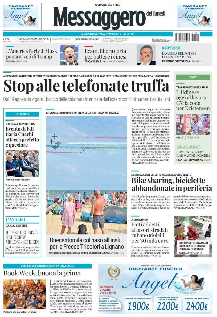 Prima Pagina Messaggero Veneto (Udine) 07/07/2025