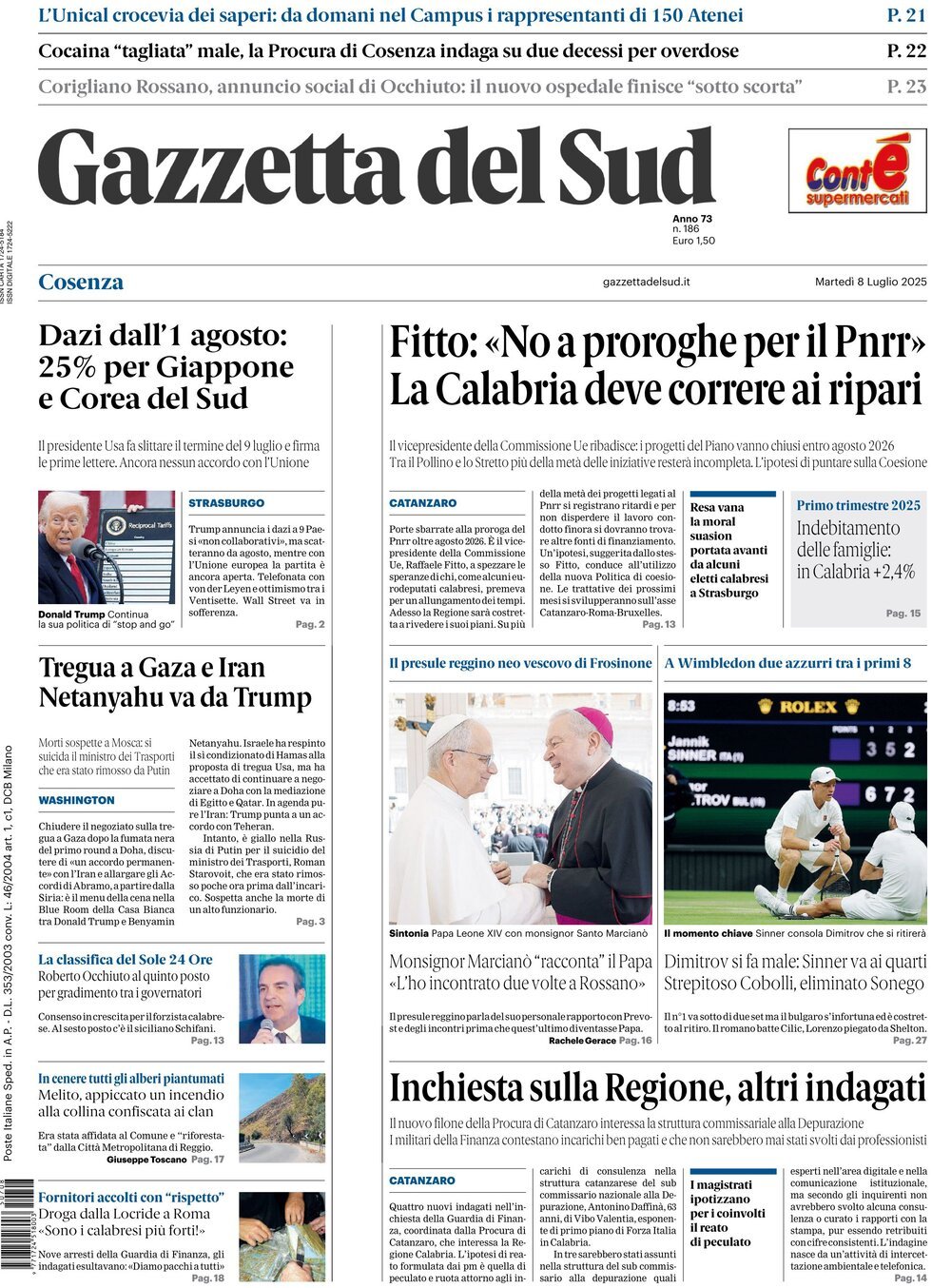 Prima Pagina Gazzetta del Sud (Cosenza) 08/07/2025