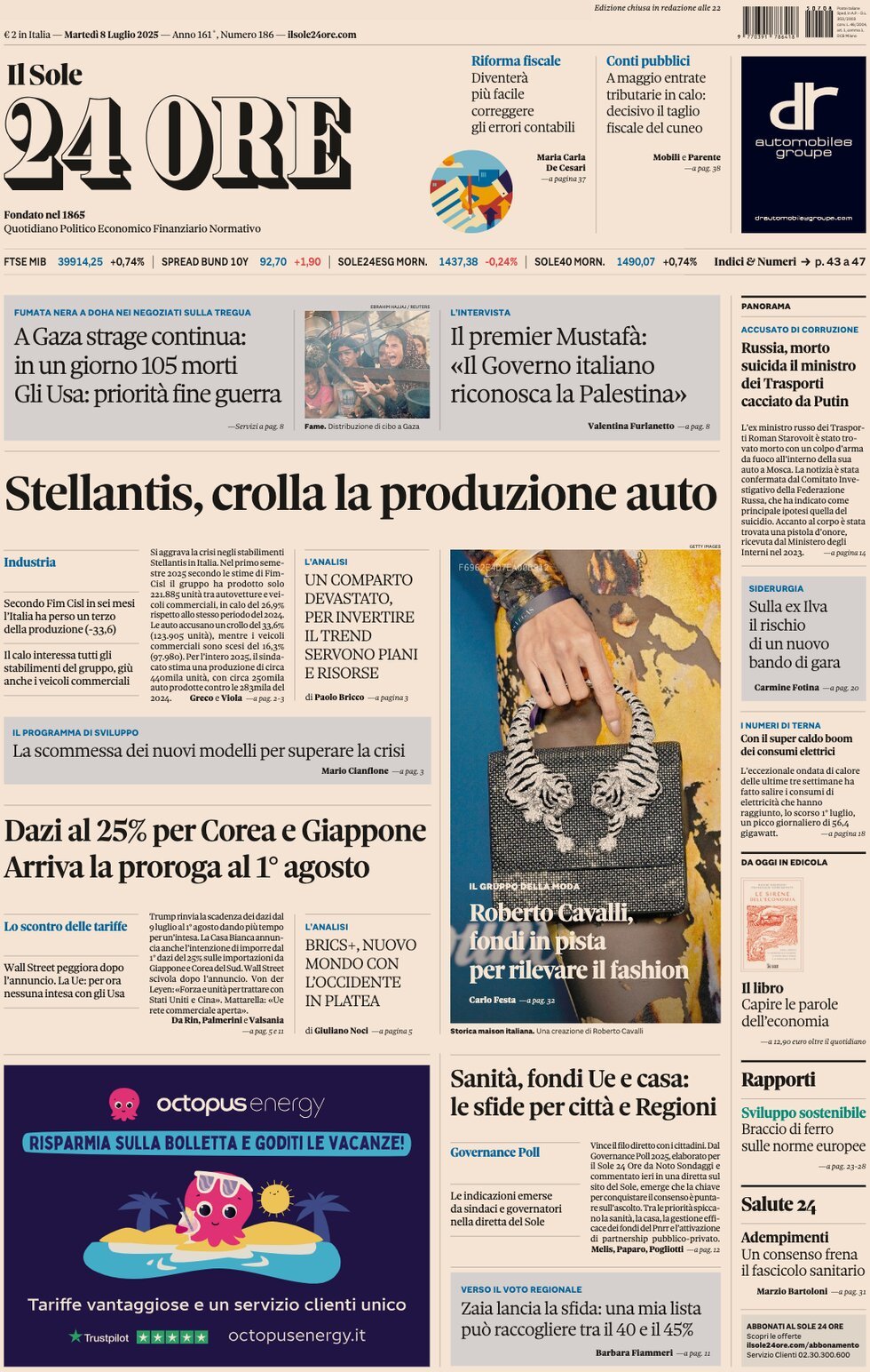 Prima Pagina Il Sole 24 Ore 08/07/2025