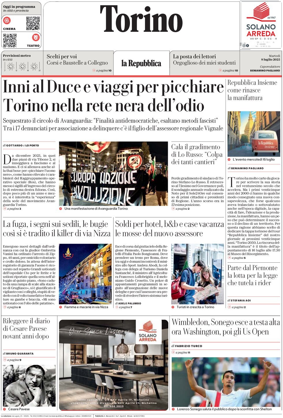 Prima Pagina La Repubblica (Torino) 08/07/2025