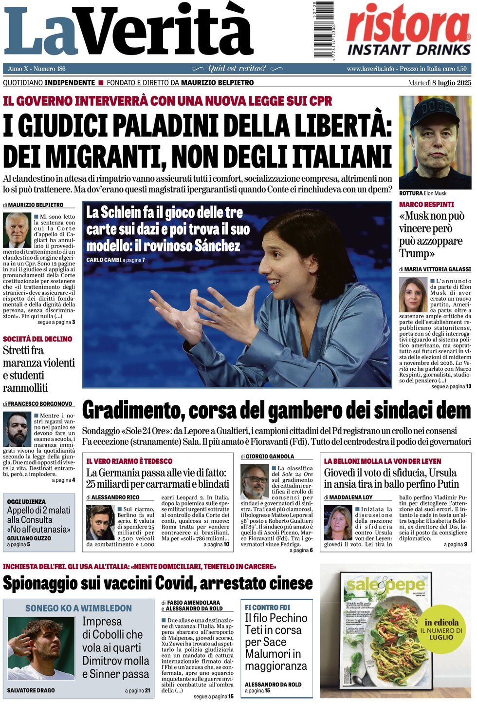 Prima Pagina La Verità 08/07/2025