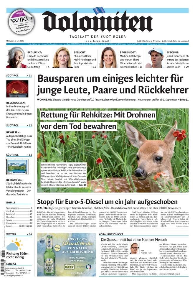 Prima Pagina Dolomiten 09/07/2025