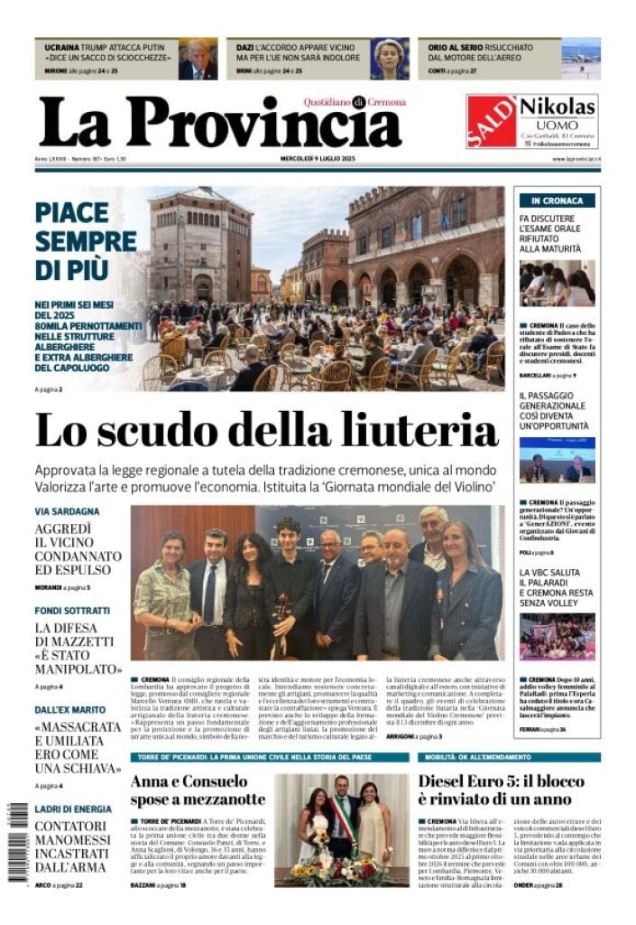 Prima Pagina La Provincia di Cremona 09/07/2025