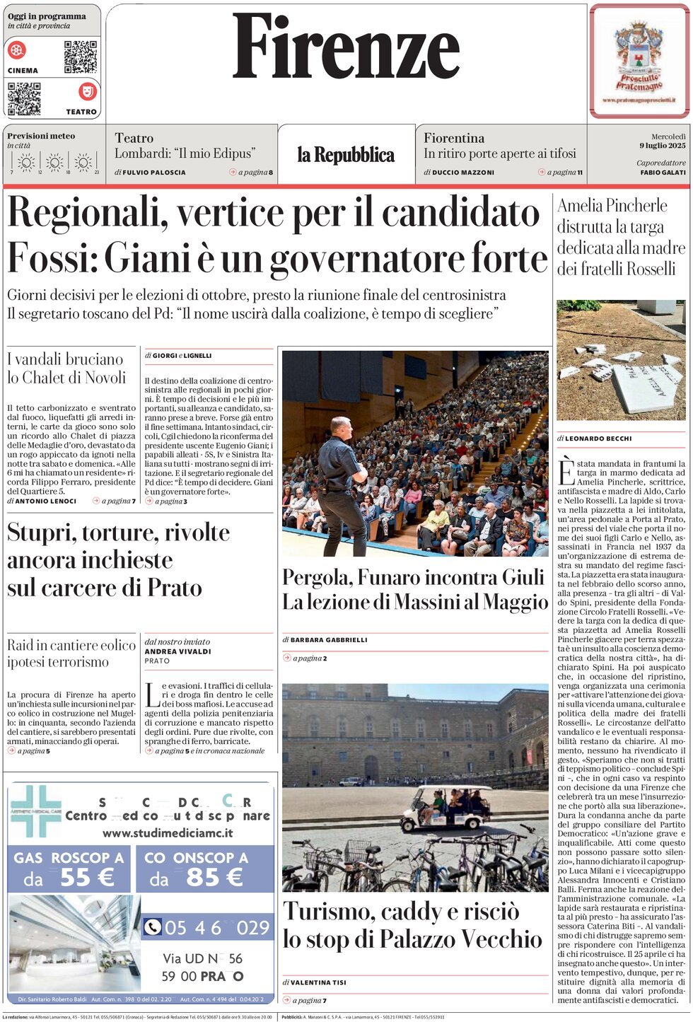 Prima Pagina La Repubblica (Firenze) 09/07/2025