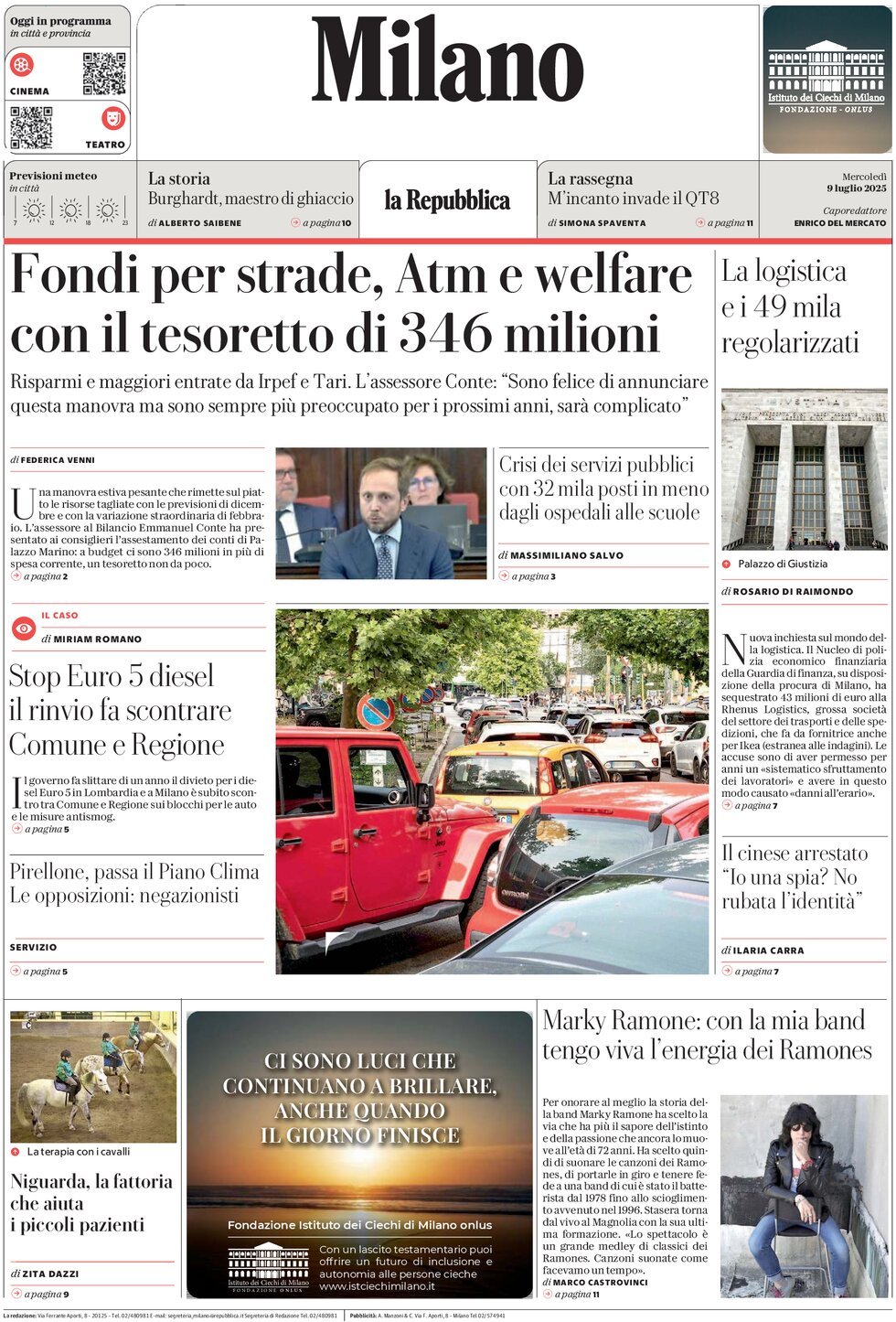 Prima Pagina La Repubblica (Milano) 09/07/2025