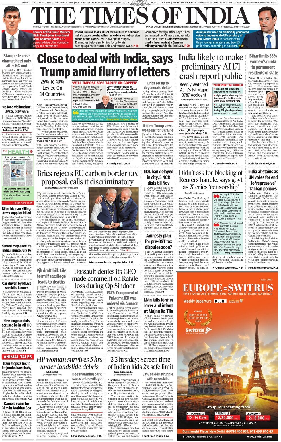 Prima Pagina The Times of India 09/07/2025
