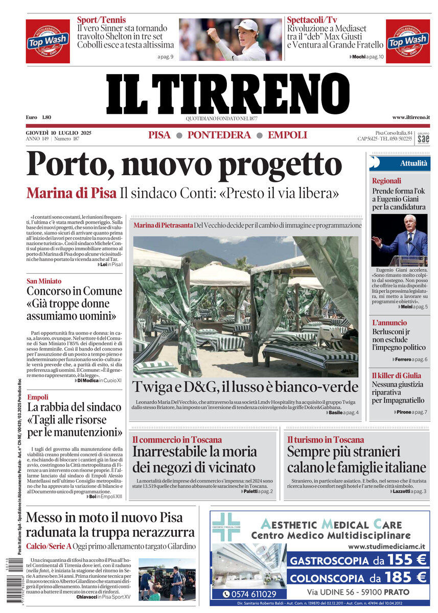 Prima Pagina Il Tirreno (Pisa, Pontedera) 10/07/2025