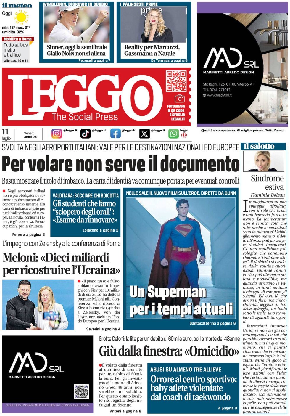 Prima Pagina Leggo (Roma) 11/07/2025