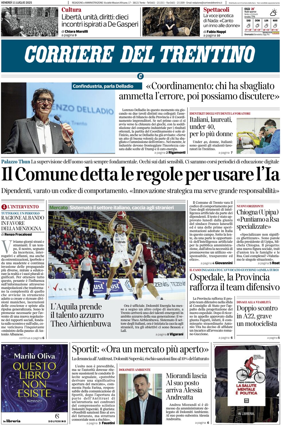 Prima Pagina Corriere del Trentino 11/07/2025