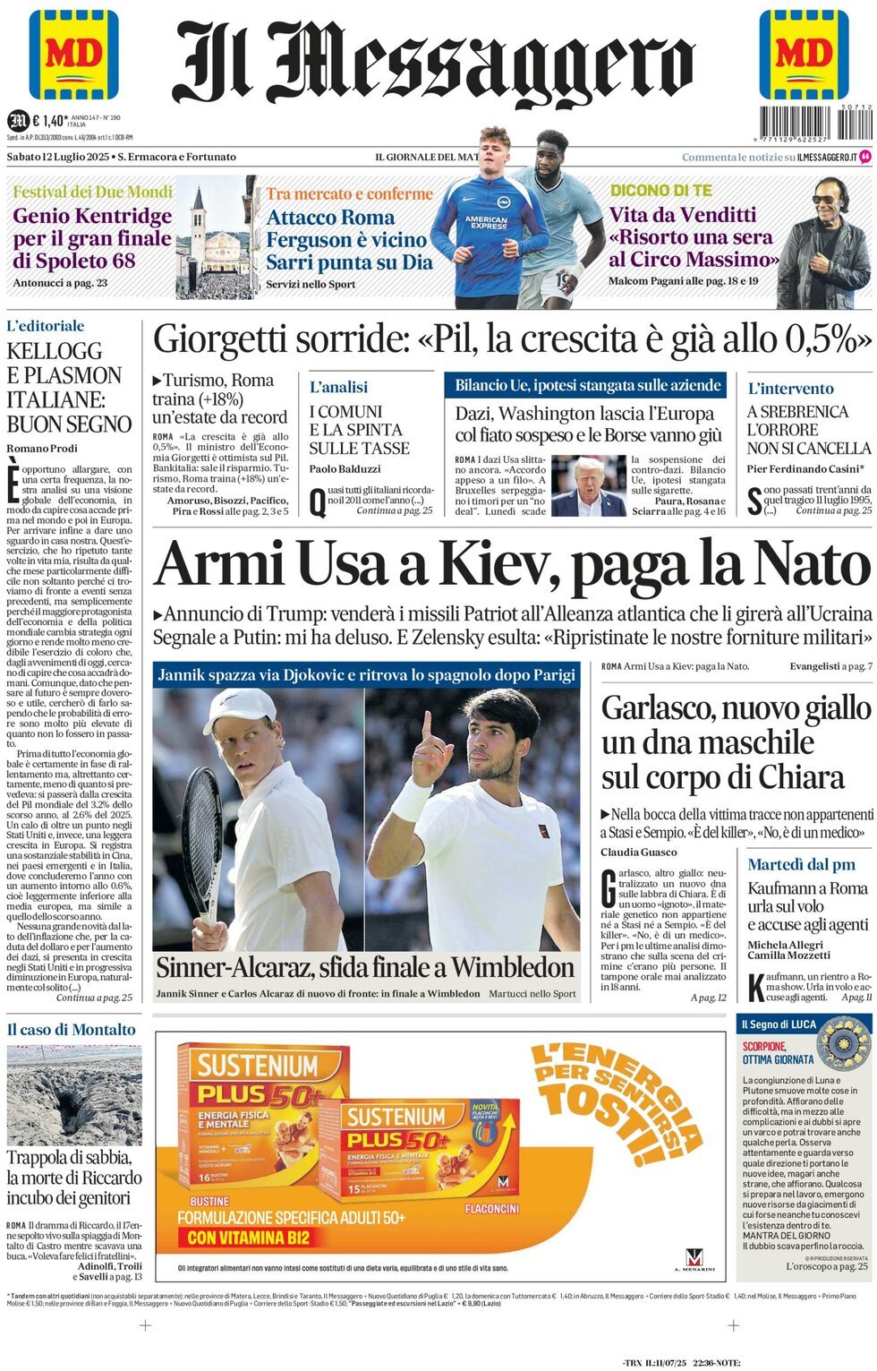 Prima Pagina Il Messaggero 12/07/2025