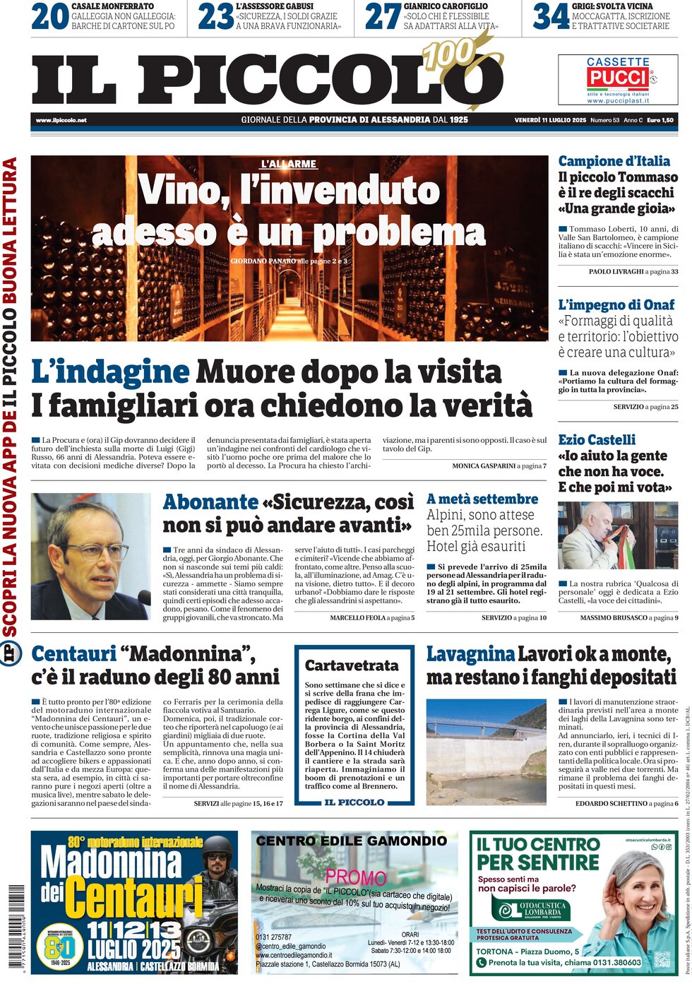 Prima Pagina Il Piccolo (Alessandria) 11/07/2025